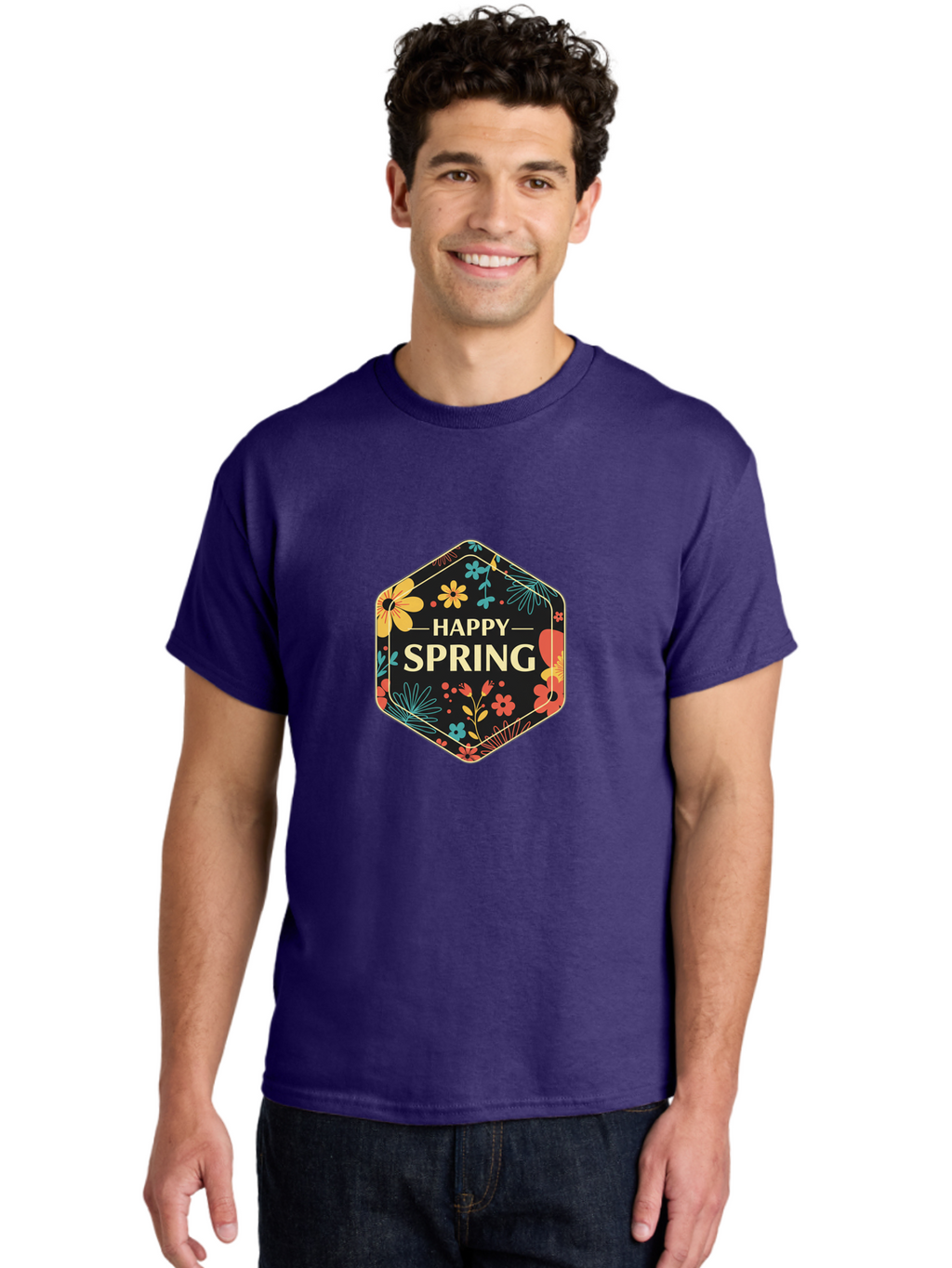 Happy-Spring Men'S Graphic Tee, 100% Cotton, Comfortable Casual Summer Wear, Machine Washable, Happy Spring, Floral Pattern, Colorful Flowers, Botanical Design, Spring Greeting, Yellow Text, Black Background, Vibrant Colors, Seasonal Theme, Baa785