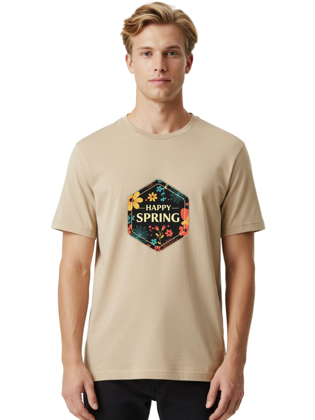 Happy-Spring Men'S Graphic Tee, 100% Cotton, Comfortable Casual Summer Wear, Machine Washable, Happy Spring, Floral Pattern, Colorful Flowers, Botanical Design, Spring Greeting, Yellow Text, Black Background, Vibrant Colors, Seasonal Theme, Baa785