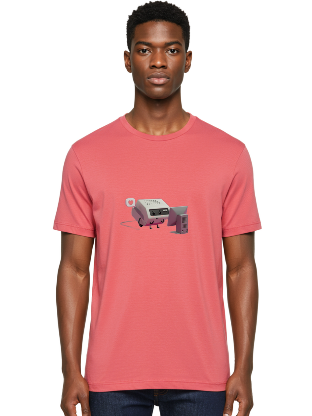 Heart-Icon-Modem-And-Monitor Men'S Graphic Tee, 100% Cotton, Comfortable Casual Summer Wear, Machine Washable, 3D Cartoon Printer, Printing Technology, Office Equipment, Cartoon Character, Computer Monitor, Printer Device, Purple Printer, Baa786