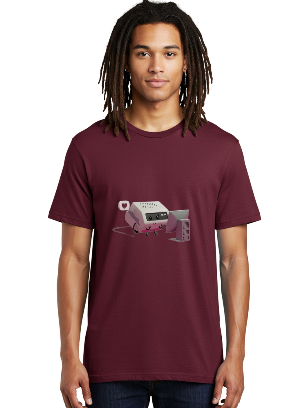 Heart-Icon-Modem-And-Monitor Men'S Graphic Tee, 100% Cotton, Comfortable Casual Summer Wear, Machine Washable, 3D Cartoon Printer, Printing Technology, Office Equipment, Cartoon Character, Computer Monitor, Printer Device, Purple Printer, Baa786