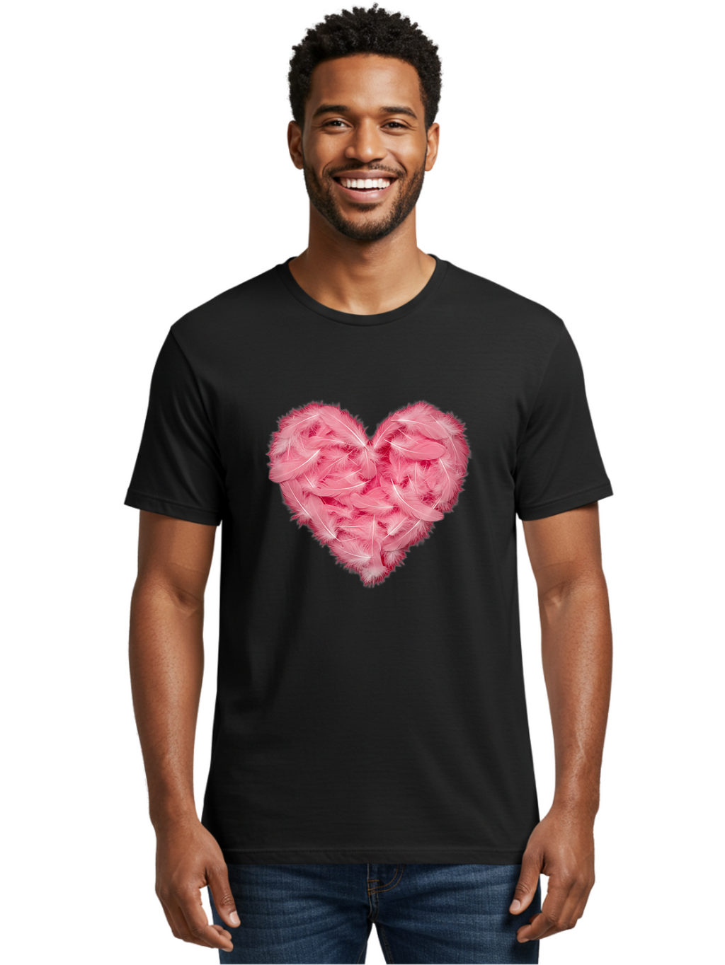 Heart-Of-Feathers Men'S Graphic Tee, 100% Cotton, Comfortable Casual Summer Wear, Machine Washable, Pink Feather Heart, Love Symbol, Soft Texture, Delicate Feathers, Romantic Gesture, Tender Heart, Loving Feeling Baa787