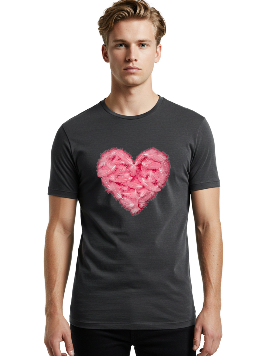 Heart-Of-Feathers Men'S Graphic Tee, 100% Cotton, Comfortable Casual Summer Wear, Machine Washable, Pink Feather Heart, Love Symbol, Soft Texture, Delicate Feathers, Romantic Gesture, Tender Heart, Loving Feeling Baa787