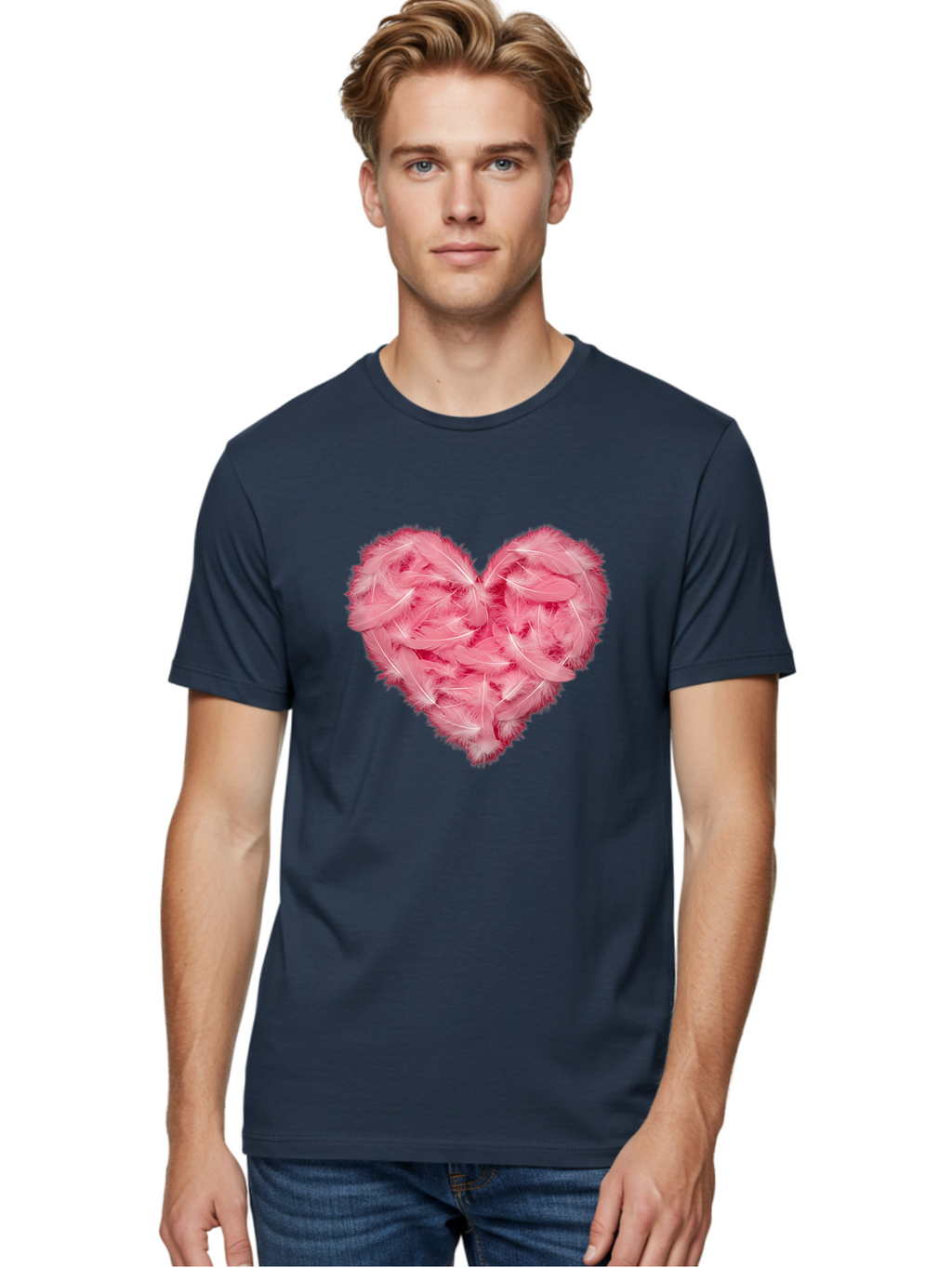 Heart-Of-Feathers Men'S Graphic Tee, 100% Cotton, Comfortable Casual Summer Wear, Machine Washable, Pink Feather Heart, Love Symbol, Soft Texture, Delicate Feathers, Romantic Gesture, Tender Heart, Loving Feeling Baa787
