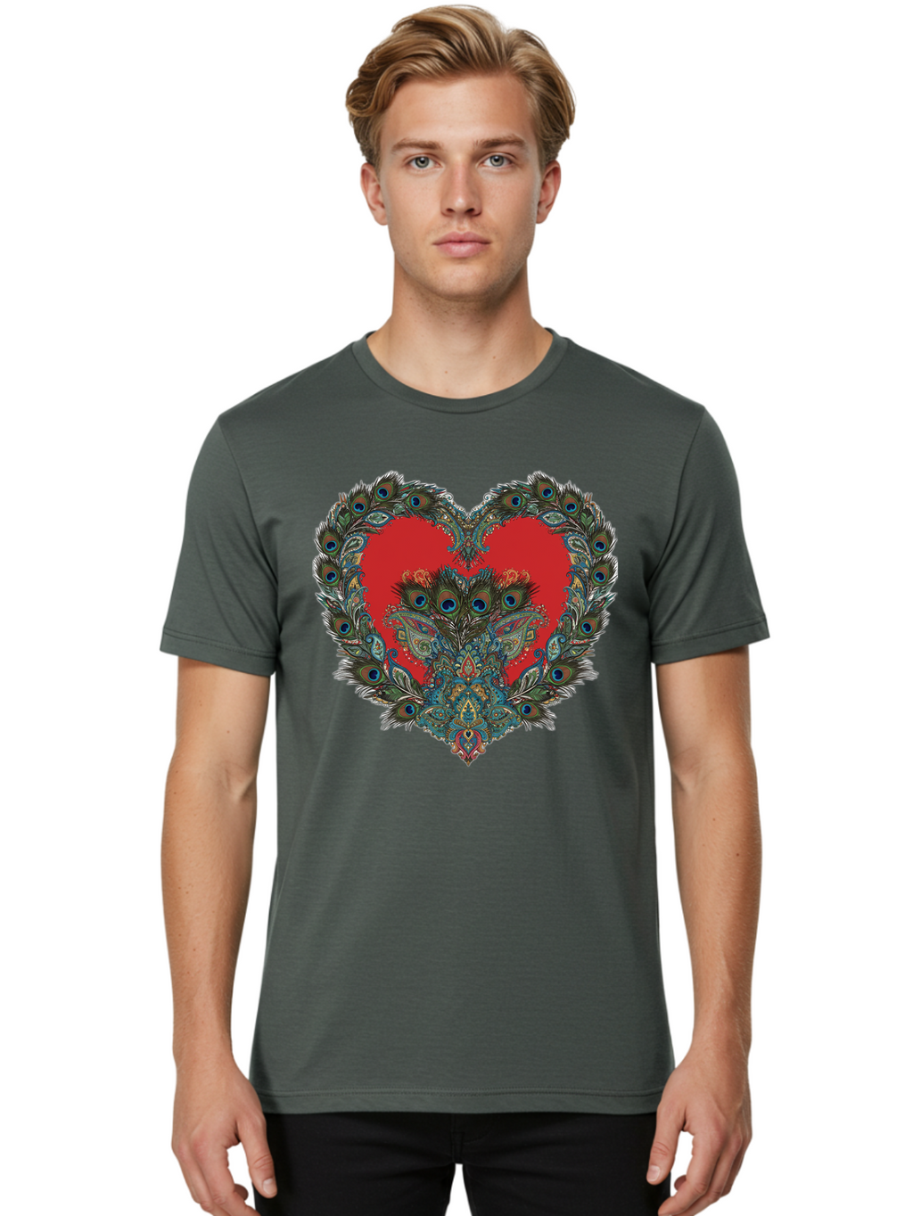 Heart-Peacock Men'S Graphic Tee, 100% Cotton, Comfortable Casual Summer Wear, Machine Washable, Heart Shape, Peacock Feathers, Red Heart, Blue Eyes, Colorful Design, Intricate Patterns, Symbolic Heart, Vibrant Colors, Emotional Expression, Baa788