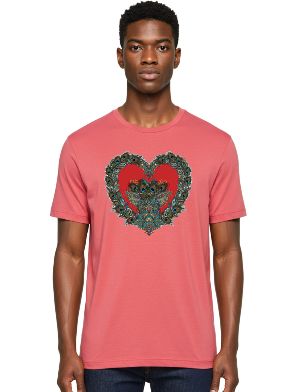 Heart-Peacock Men'S Graphic Tee, 100% Cotton, Comfortable Casual Summer Wear, Machine Washable, Heart Shape, Peacock Feathers, Red Heart, Blue Eyes, Colorful Design, Intricate Patterns, Symbolic Heart, Vibrant Colors, Emotional Expression, Baa788