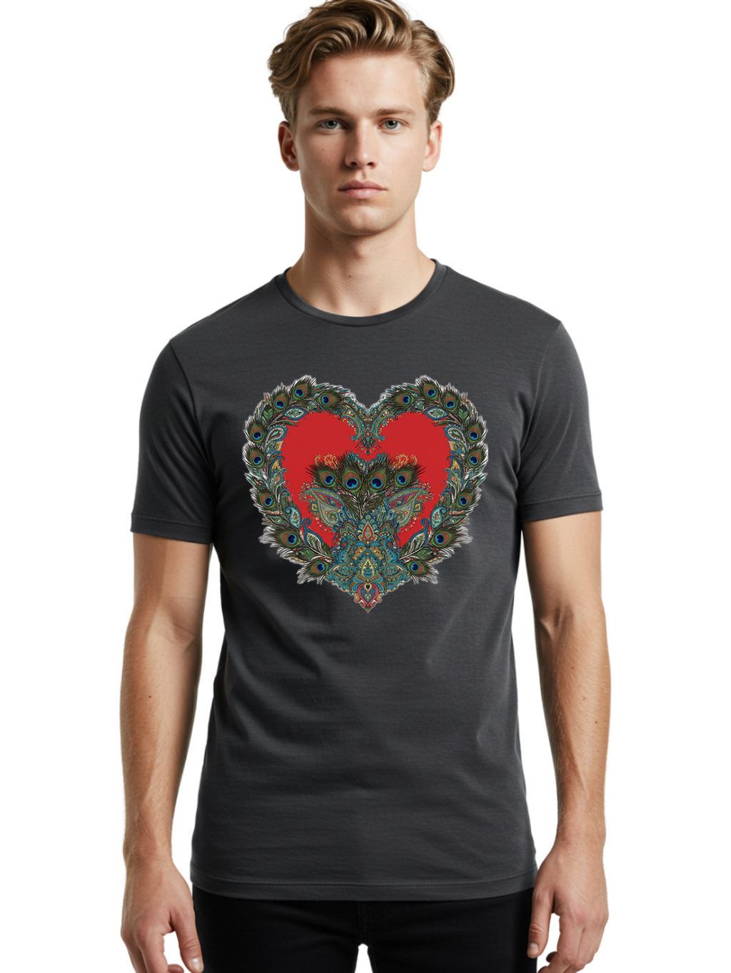 Heart-Peacock Men'S Graphic Tee, 100% Cotton, Comfortable Casual Summer Wear, Machine Washable, Heart Shape, Peacock Feathers, Red Heart, Blue Eyes, Colorful Design, Intricate Patterns, Symbolic Heart, Vibrant Colors, Emotional Expression, Baa788
