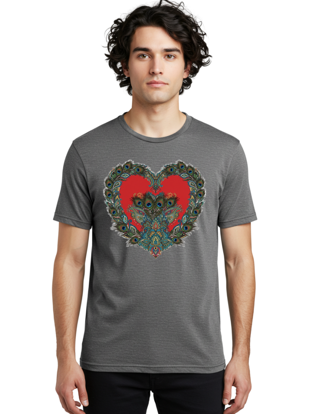 Heart-Peacock Men'S Graphic Tee, 100% Cotton, Comfortable Casual Summer Wear, Machine Washable, Heart Shape, Peacock Feathers, Red Heart, Blue Eyes, Colorful Design, Intricate Patterns, Symbolic Heart, Vibrant Colors, Emotional Expression, Baa788