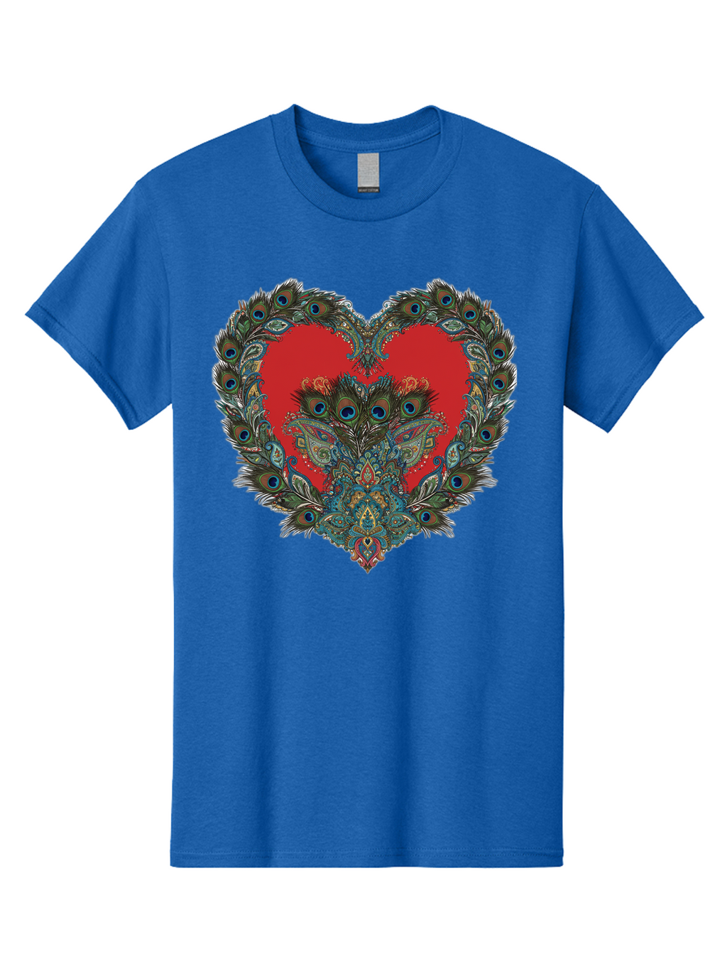 Heart-Peacock Men'S Graphic Tee, 100% Cotton, Comfortable Casual Summer Wear, Machine Washable, Heart Shape, Peacock Feathers, Red Heart, Blue Eyes, Colorful Design, Intricate Patterns, Symbolic Heart, Vibrant Colors, Emotional Expression, Baa788