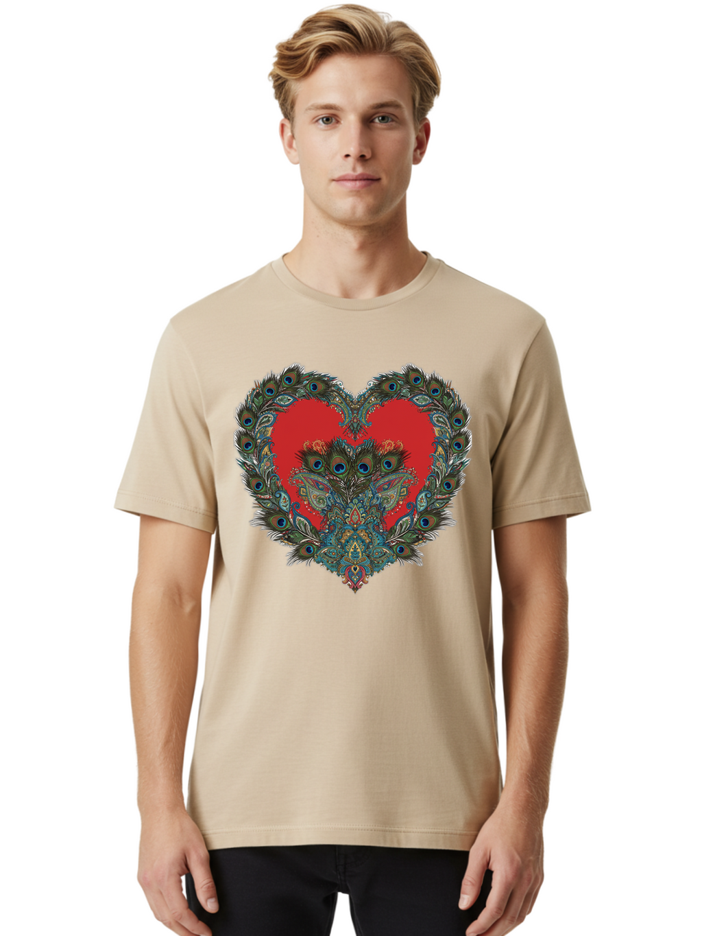 Heart-Peacock Men'S Graphic Tee, 100% Cotton, Comfortable Casual Summer Wear, Machine Washable, Heart Shape, Peacock Feathers, Red Heart, Blue Eyes, Colorful Design, Intricate Patterns, Symbolic Heart, Vibrant Colors, Emotional Expression, Baa788