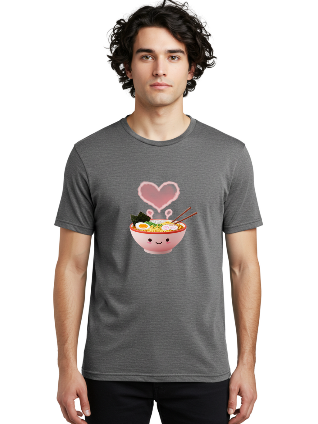 Heart-Ramen Men'S Graphic Tee, 100% Cotton, Comfortable Casual Summer Wear, Machine Washable, Cartoon Ramen Bowl, Cute Noodles, Adorable Meal, Steaming Hot, Pink Heart, Chopsticks, Egg, Seaweed, Tasty Food, Kawaii Culture, Japanese Cuisine, Baa789