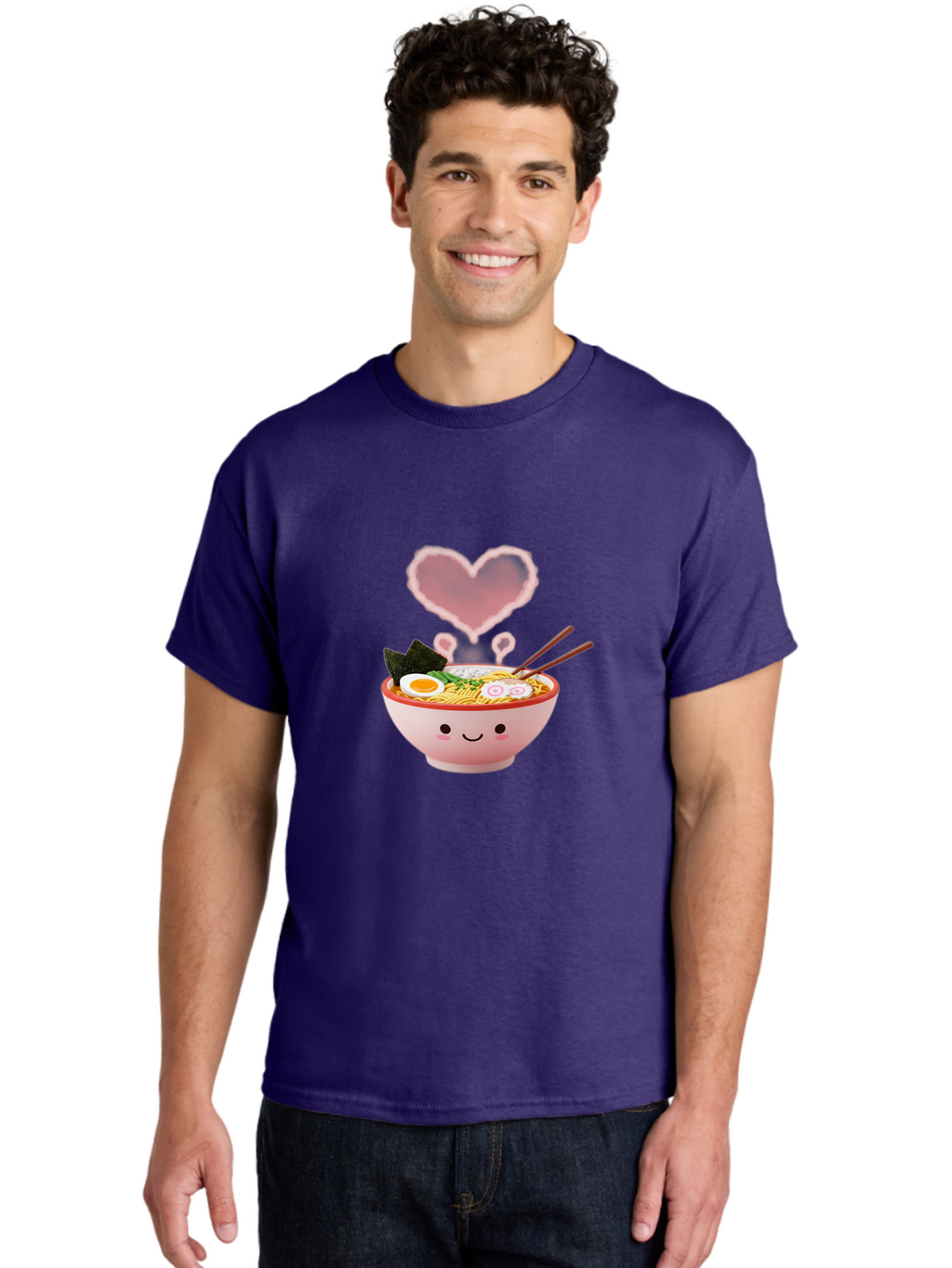 Heart-Ramen Men'S Graphic Tee, 100% Cotton, Comfortable Casual Summer Wear, Machine Washable, Cartoon Ramen Bowl, Cute Noodles, Adorable Meal, Steaming Hot, Pink Heart, Chopsticks, Egg, Seaweed, Tasty Food, Kawaii Culture, Japanese Cuisine, Baa789