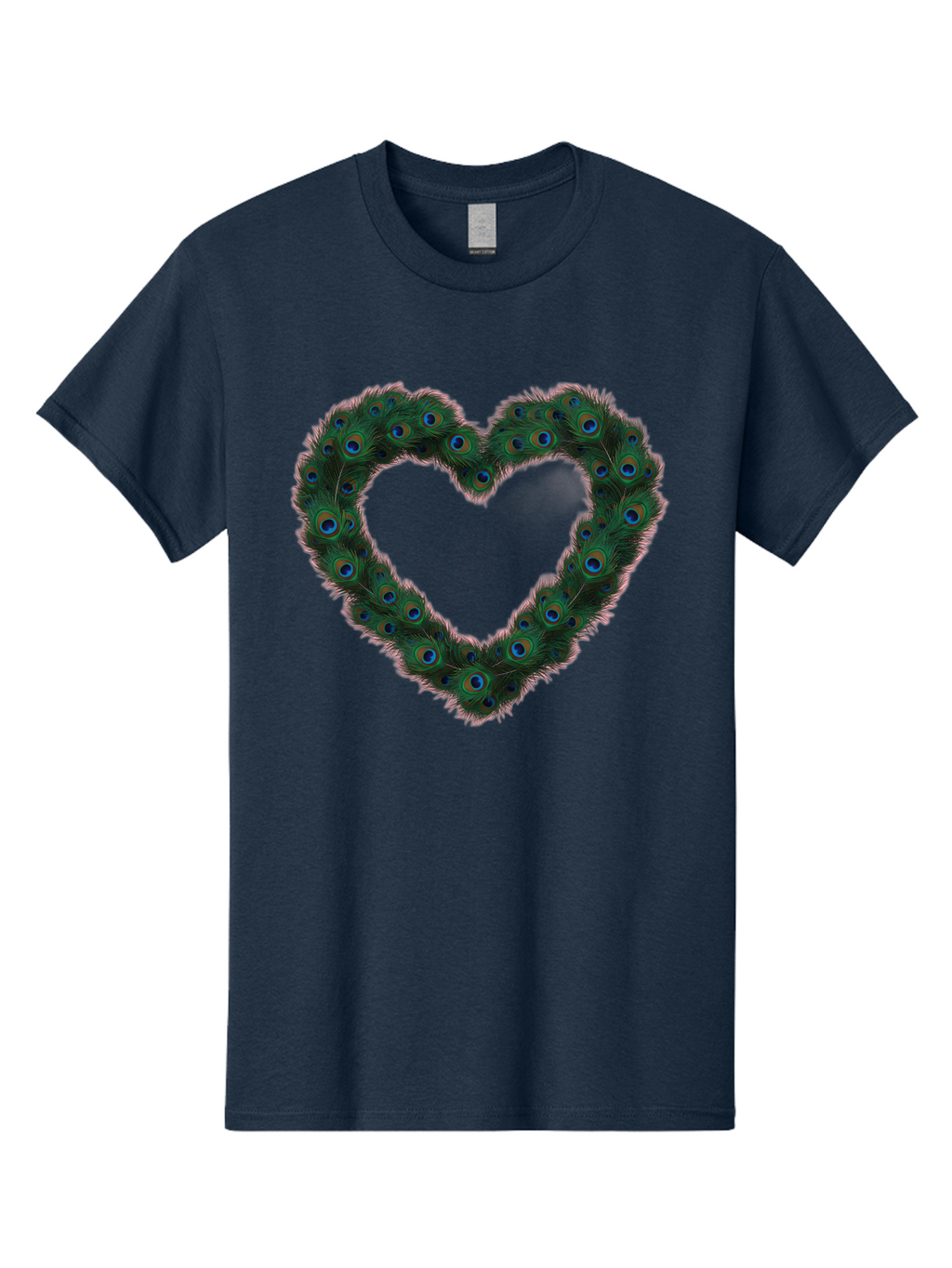 Heart-Shape-Peacock-Feathers Men'S Graphic Tee, 100% Cotton, Comfortable Casual Summer Wear, Machine Washable, Heart Shaped Peacock Feathers, Eye-Catching Design, Vibrant Blue And Green Hues, Symbol Of Love, Decorative Art, Colorful Pattern, Baa790