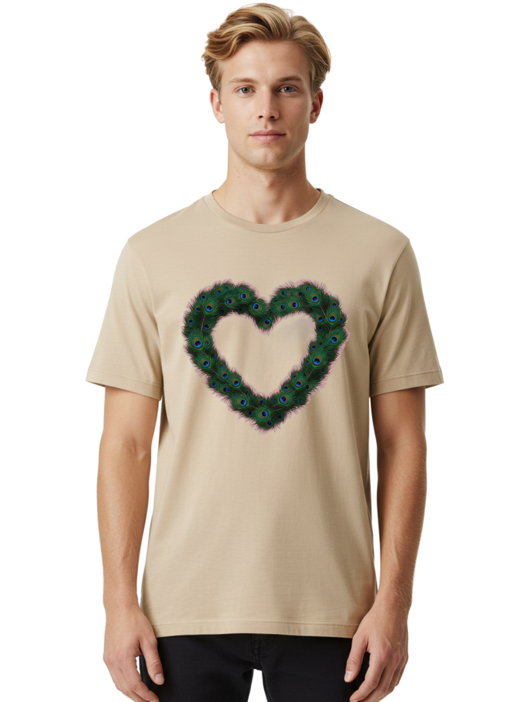 Heart-Shape-Peacock-Feathers Men'S Graphic Tee, 100% Cotton, Comfortable Casual Summer Wear, Machine Washable, Heart Shaped Peacock Feathers, Eye-Catching Design, Vibrant Blue And Green Hues, Symbol Of Love, Decorative Art, Colorful Pattern, Baa790