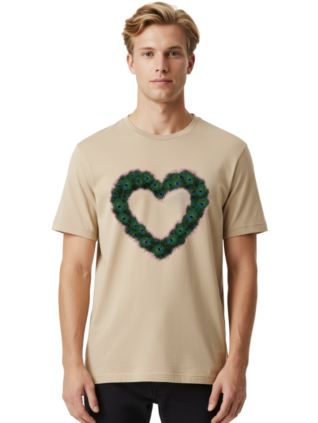 Heart-Shape-Peacock-Feathers Men'S Graphic Tee, 100% Cotton, Comfortable Casual Summer Wear, Machine Washable, Heart Shaped Peacock Feathers, Eye-Catching Design, Vibrant Blue And Green Hues, Symbol Of Love, Decorative Art, Colorful Pattern, Baa790