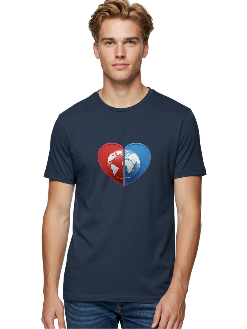 Heart-Shaped-Earth Men'S Graphic Tee, 100% Cotton, Comfortable Casual Summer Wear, Machine Washable, Heart-Shaped Earth, Global Unity, World Love, International Harmony, Earth Symbol, Global Connection, Love For Planet, World Map, Baa791