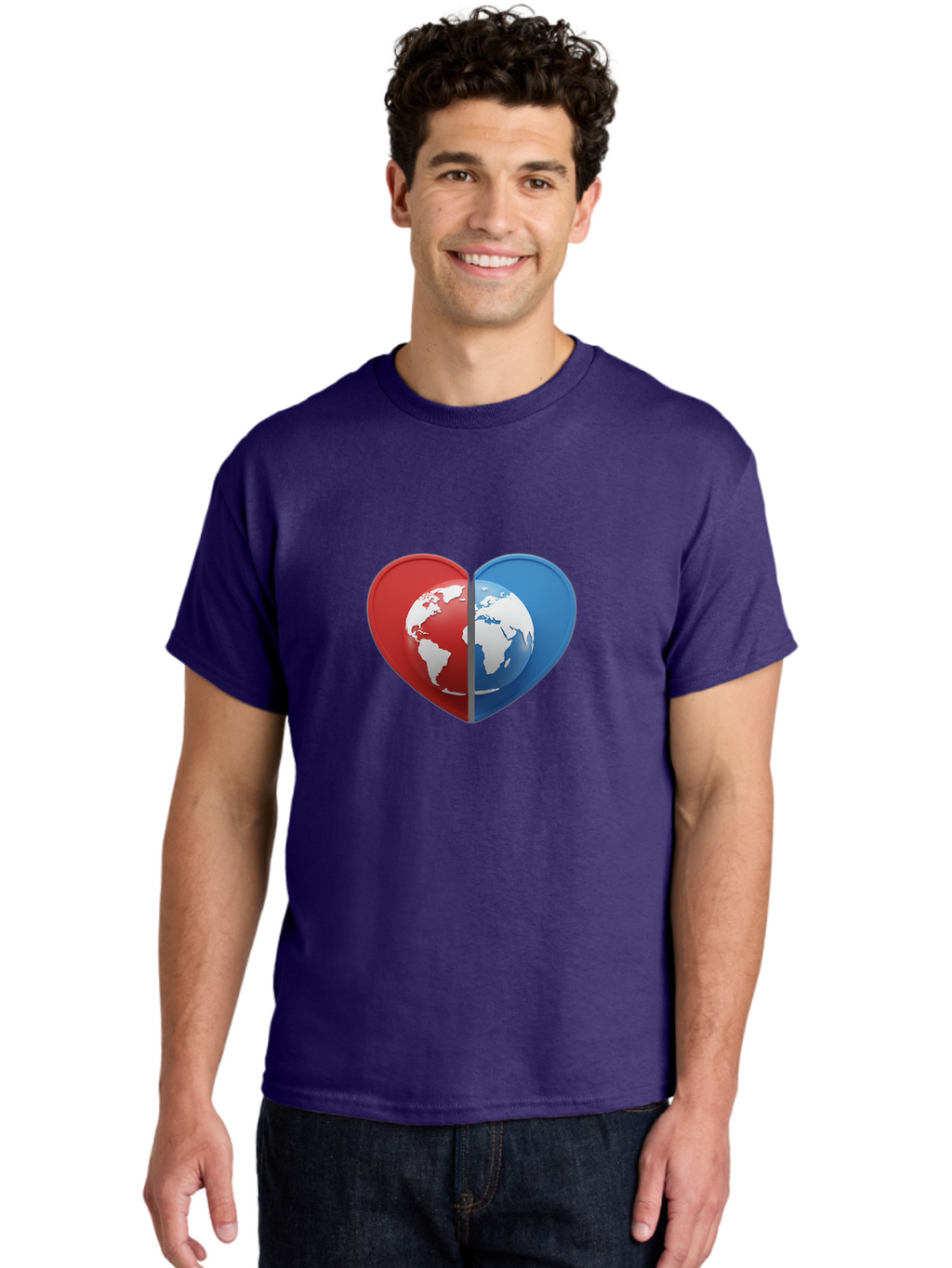 Heart-Shaped-Earth Men'S Graphic Tee, 100% Cotton, Comfortable Casual Summer Wear, Machine Washable, Heart-Shaped Earth, Global Unity, World Love, International Harmony, Earth Symbol, Global Connection, Love For Planet, World Map, Baa791