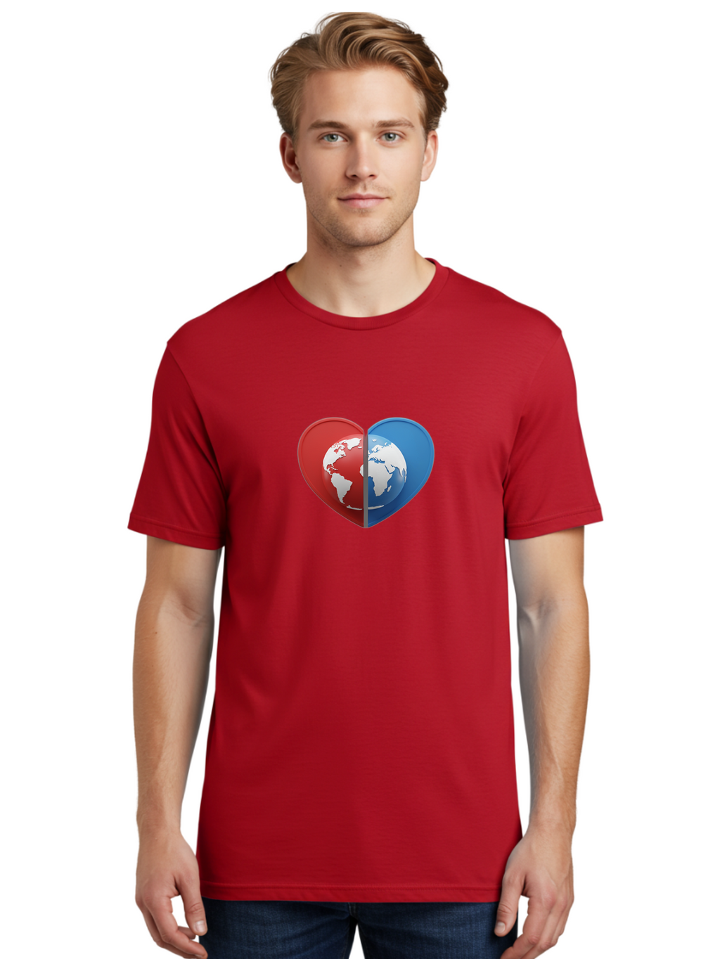 Heart-Shaped-Earth Men'S Graphic Tee, 100% Cotton, Comfortable Casual Summer Wear, Machine Washable, Heart-Shaped Earth, Global Unity, World Love, International Harmony, Earth Symbol, Global Connection, Love For Planet, World Map, Baa791