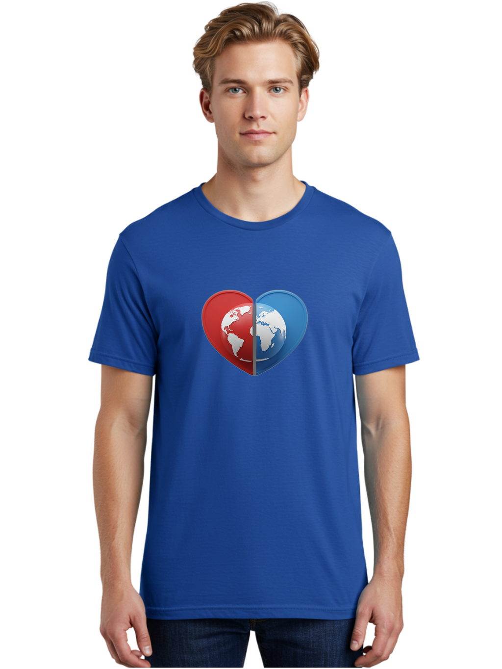 Heart-Shaped-Earth Men'S Graphic Tee, 100% Cotton, Comfortable Casual Summer Wear, Machine Washable, Heart-Shaped Earth, Global Unity, World Love, International Harmony, Earth Symbol, Global Connection, Love For Planet, World Map, Baa791