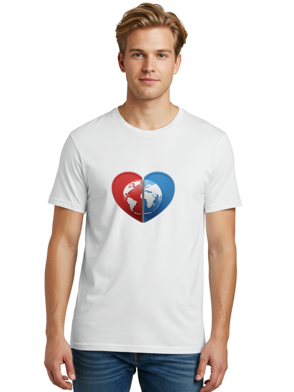 Heart-Shaped-Earth Men'S Graphic Tee, 100% Cotton, Comfortable Casual Summer Wear, Machine Washable, Heart-Shaped Earth, Global Unity, World Love, International Harmony, Earth Symbol, Global Connection, Love For Planet, World Map, Baa791