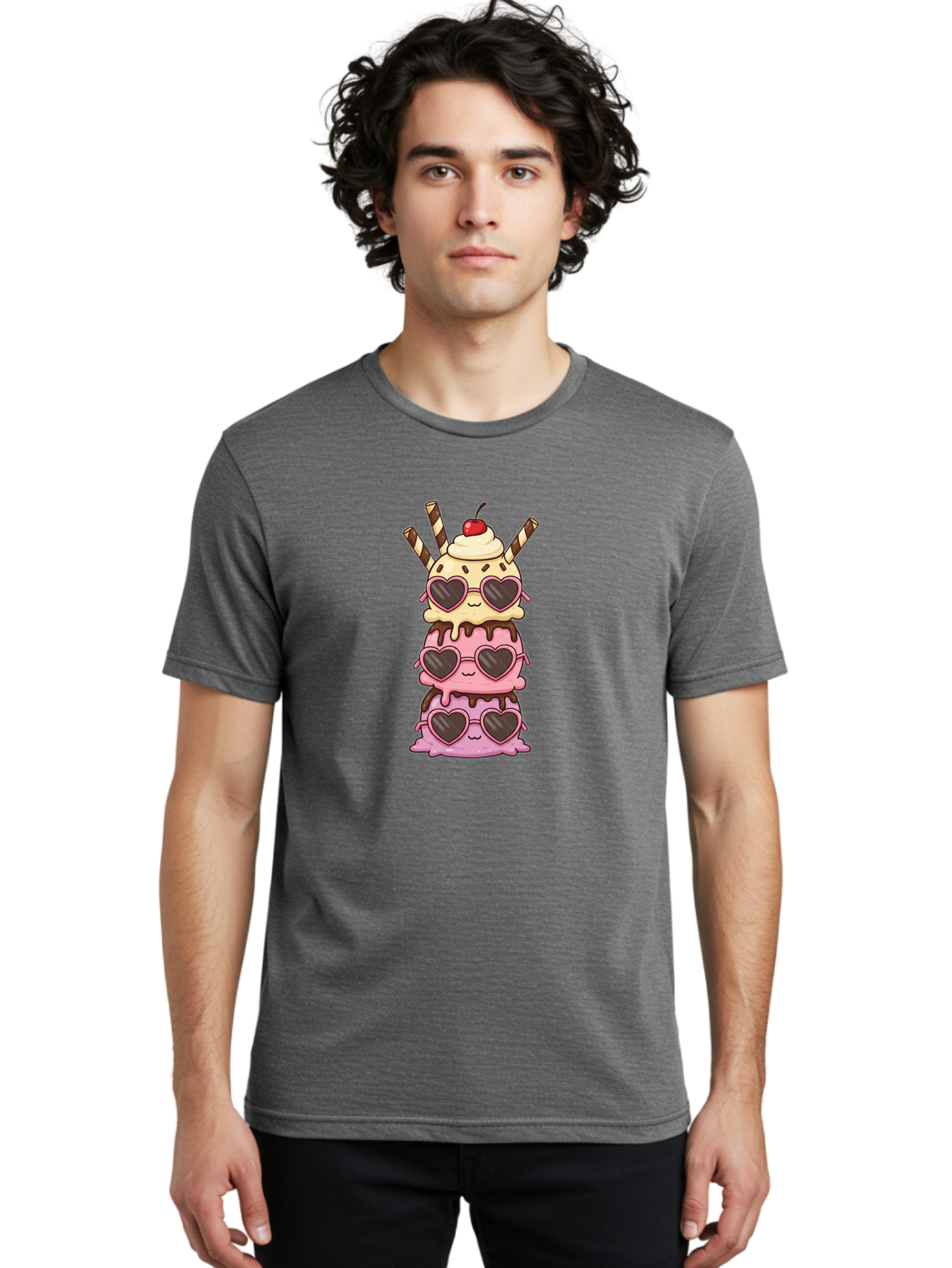 Heart-Sunglasses-Ice-Cream Men'S Graphic Tee, 100% Cotton, Comfortable Casual Summer Wear, Machine Washable, Stacked Ice Cream, Heart Shaped Sunglasses, Strawberry Ice Cream, Chocolate Sauce, Whipped Cream, Cherry On Top, Striped Straws, Baa793