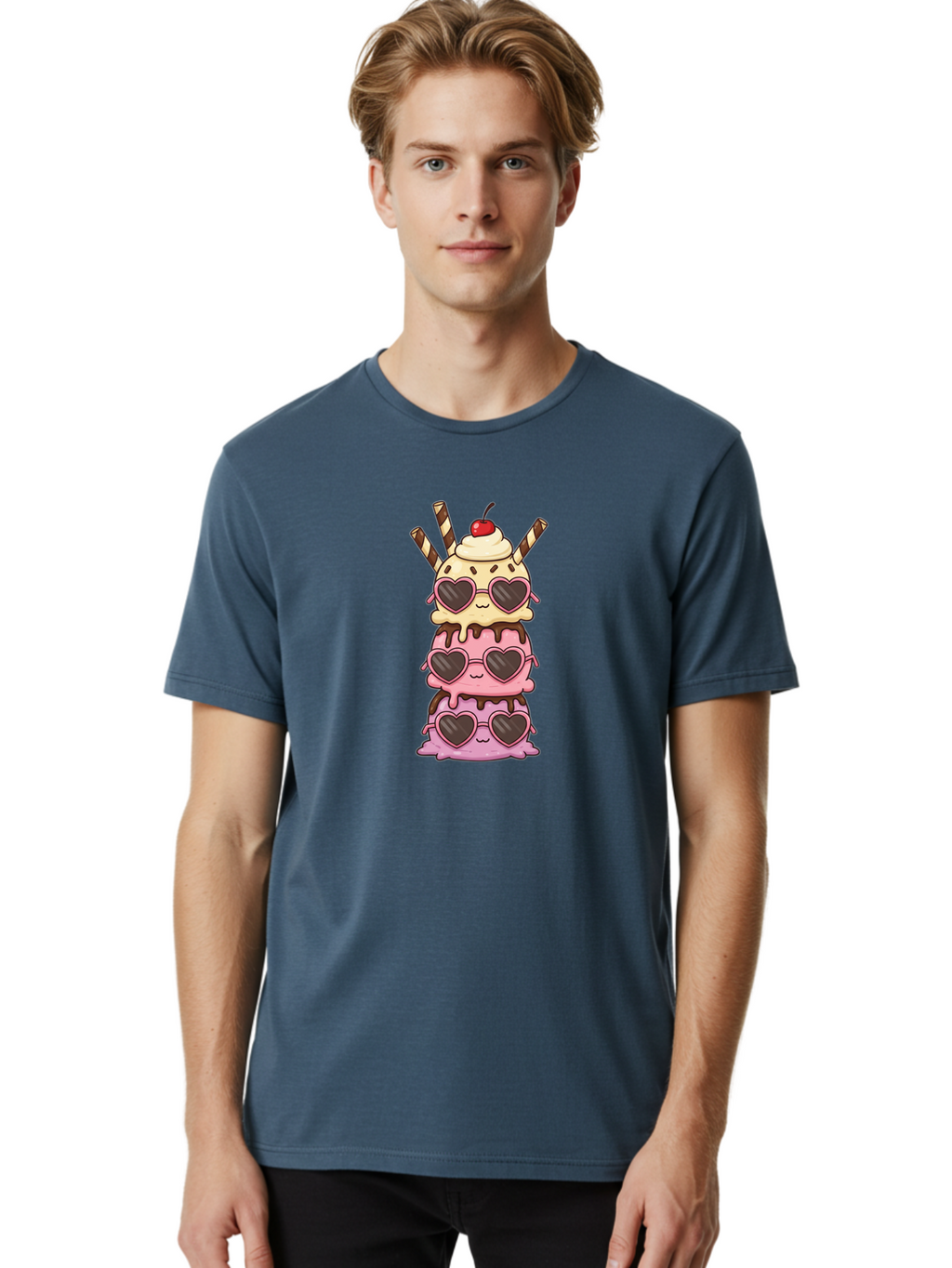 Heart-Sunglasses-Ice-Cream Men'S Graphic Tee, 100% Cotton, Comfortable Casual Summer Wear, Machine Washable, Stacked Ice Cream, Heart Shaped Sunglasses, Strawberry Ice Cream, Chocolate Sauce, Whipped Cream, Cherry On Top, Striped Straws, Baa793
