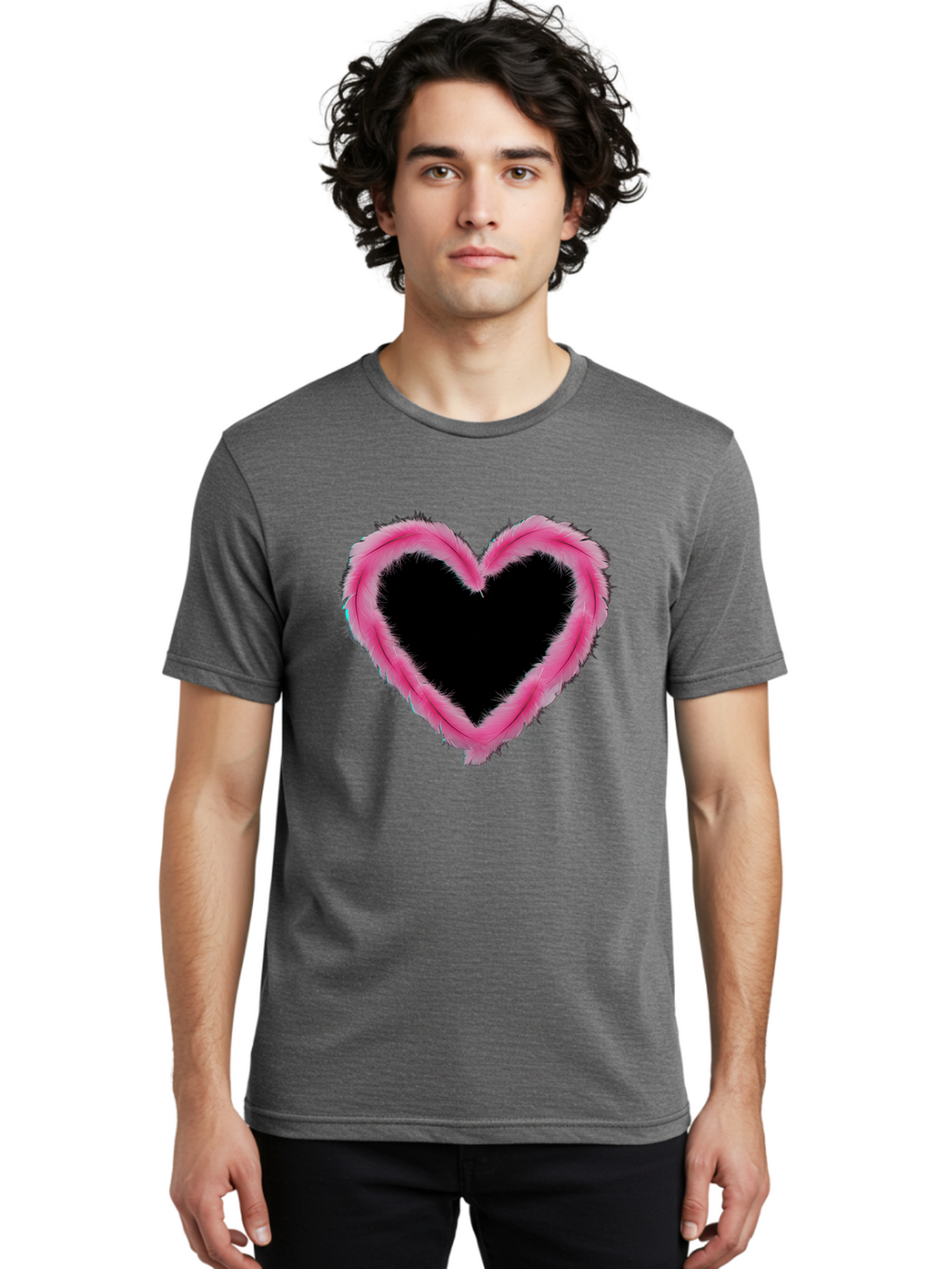 Heart Men'S Graphic Tee, 100% Cotton, Comfortable Casual Summer Wear, Machine Washable, Pink Feather Heart, Fluffy Heart, Romantic Symbol, Fuzzy Love, Heart Shape, Feather Design, Cute Graphics, Valentine'S Icon Baa794