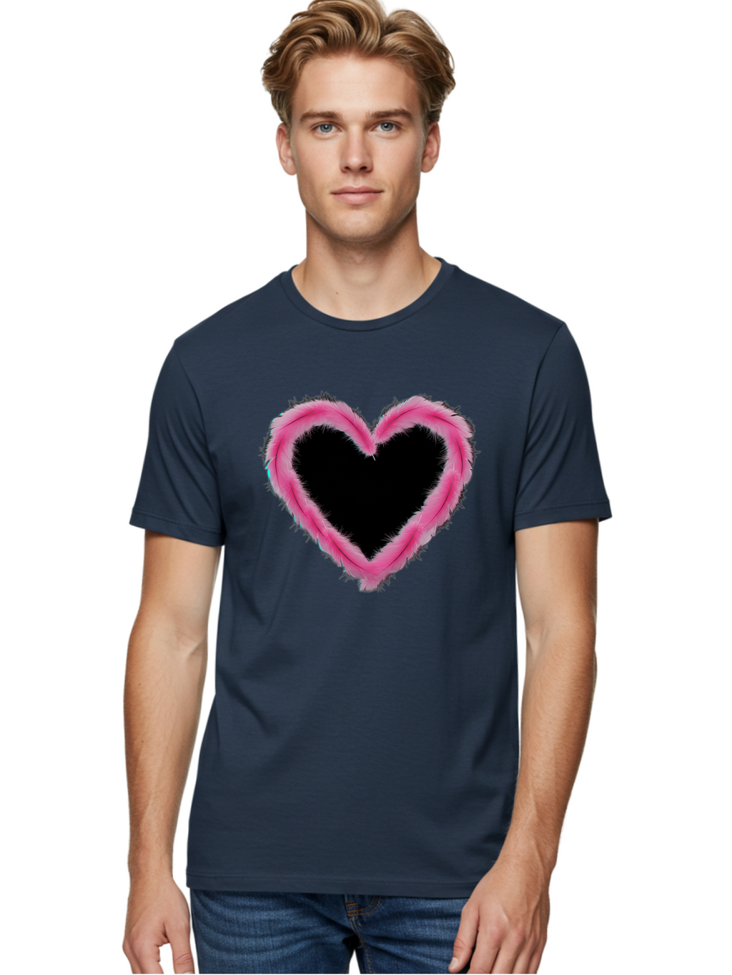 Heart Men'S Graphic Tee, 100% Cotton, Comfortable Casual Summer Wear, Machine Washable, Pink Feather Heart, Fluffy Heart, Romantic Symbol, Fuzzy Love, Heart Shape, Feather Design, Cute Graphics, Valentine'S Icon Baa794