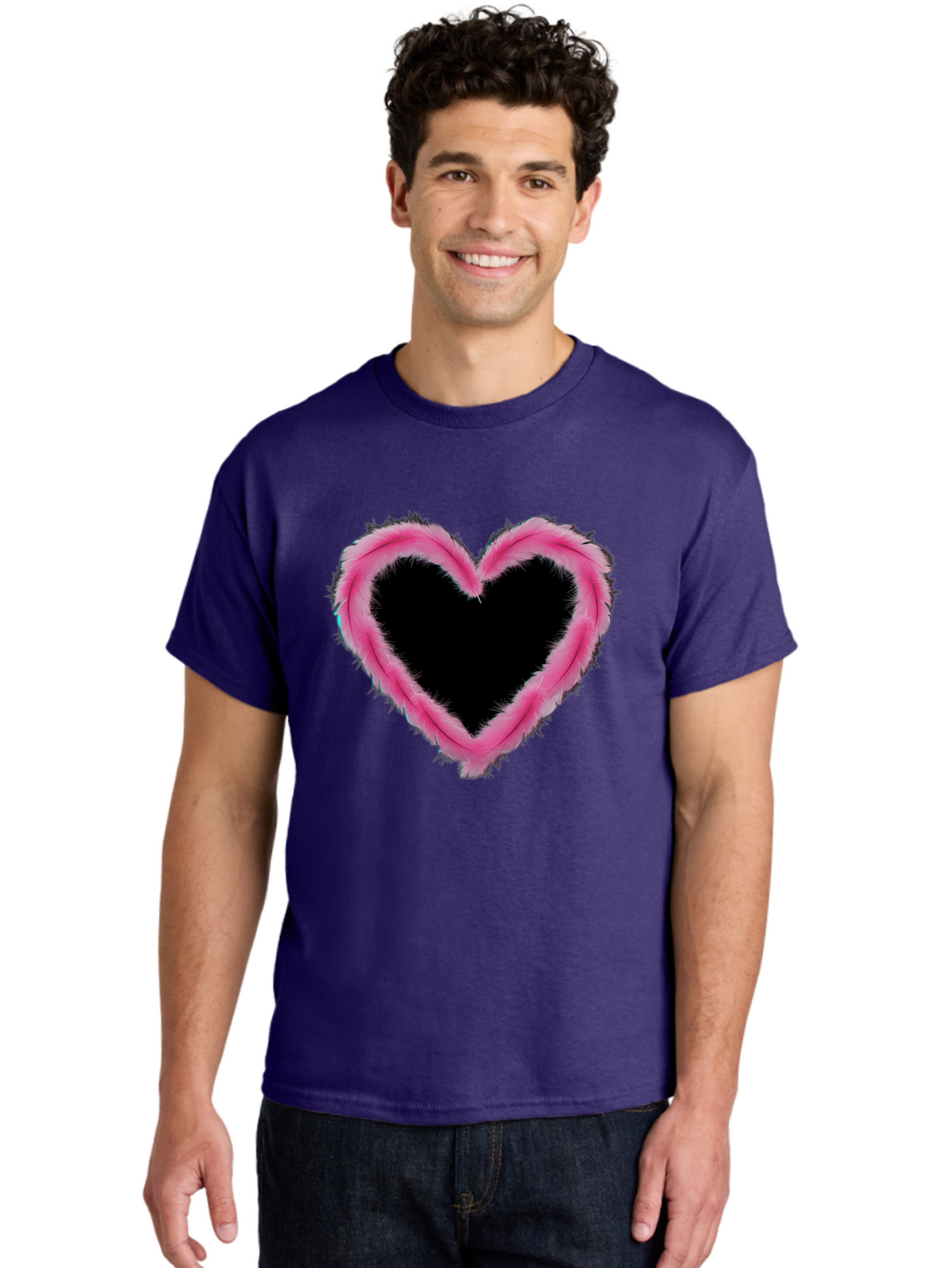 Heart Men'S Graphic Tee, 100% Cotton, Comfortable Casual Summer Wear, Machine Washable, Pink Feather Heart, Fluffy Heart, Romantic Symbol, Fuzzy Love, Heart Shape, Feather Design, Cute Graphics, Valentine'S Icon Baa794