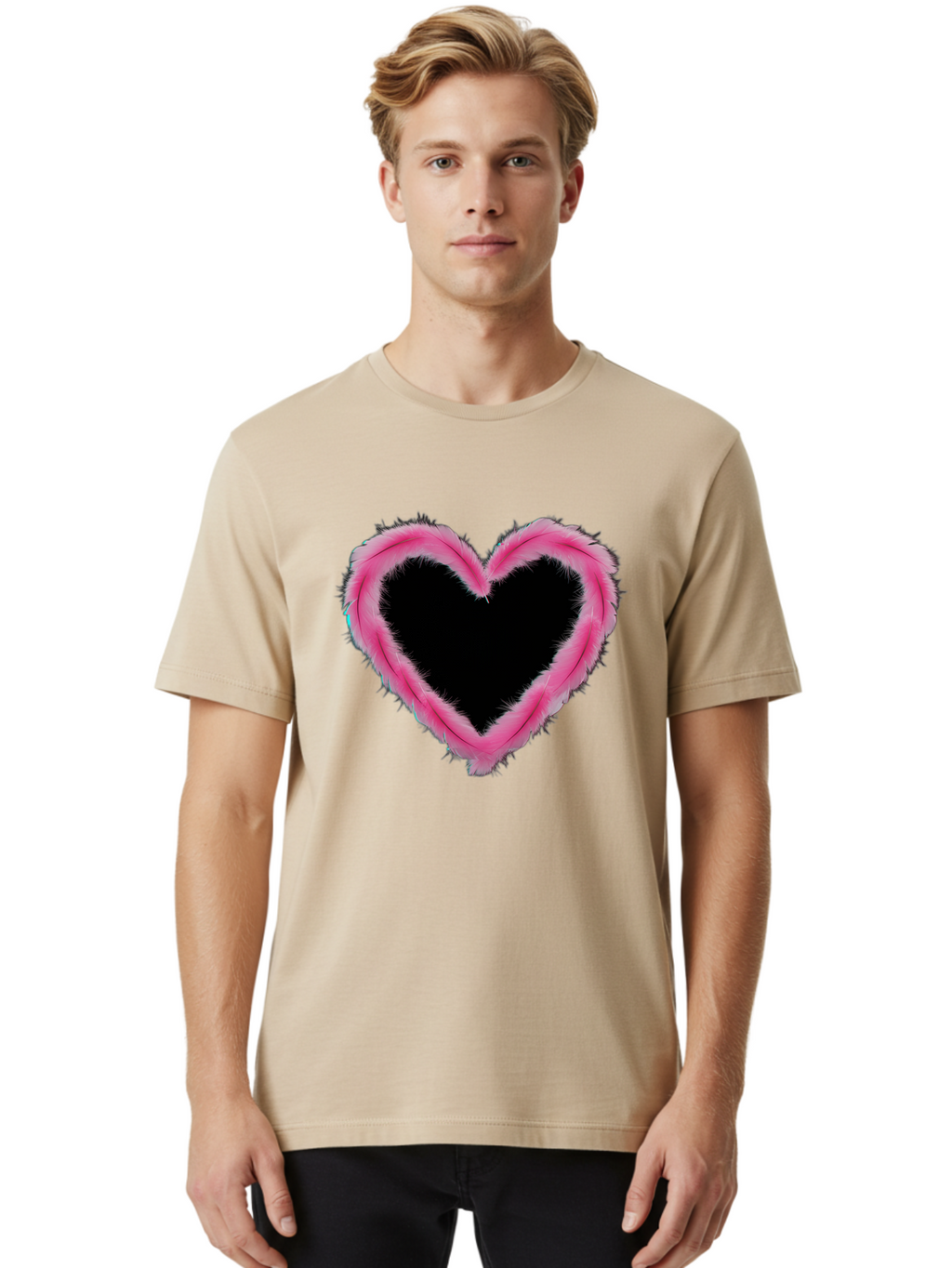 Heart Men'S Graphic Tee, 100% Cotton, Comfortable Casual Summer Wear, Machine Washable, Pink Feather Heart, Fluffy Heart, Romantic Symbol, Fuzzy Love, Heart Shape, Feather Design, Cute Graphics, Valentine'S Icon Baa794