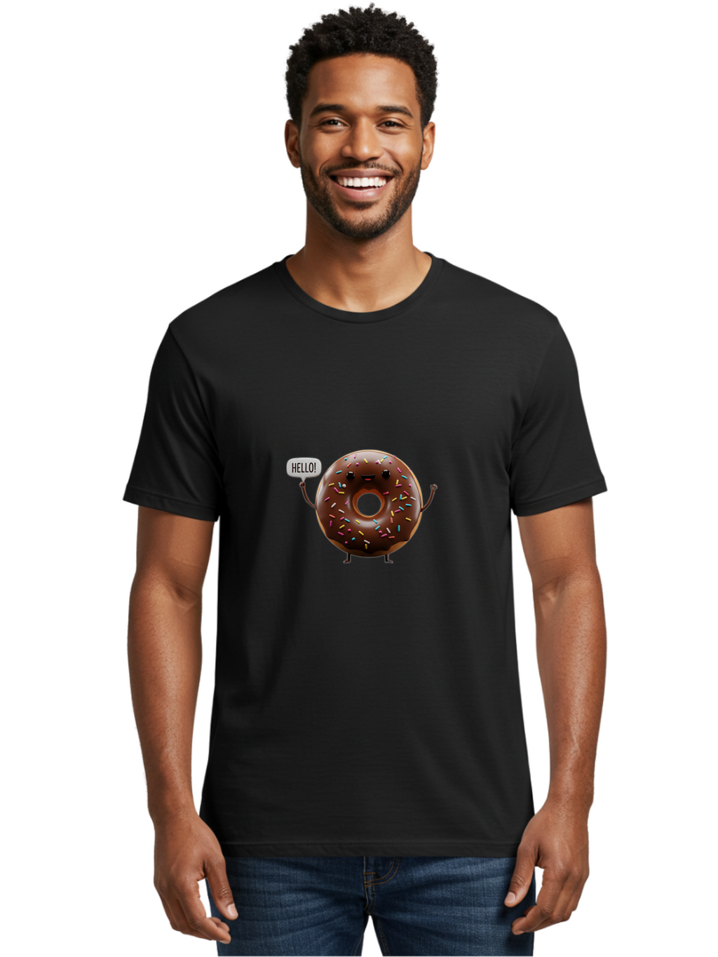 Hello-Donut Men'S Graphic Tee, 100% Cotton, Comfortable Casual Summer Wear, Machine Washable, Chocolate Donut With Sprinkles, Donut Character, Hello Greeting, Sweet Treat, Cartoon Donut, Playful Design, Colorful Sprinkles, Baa795