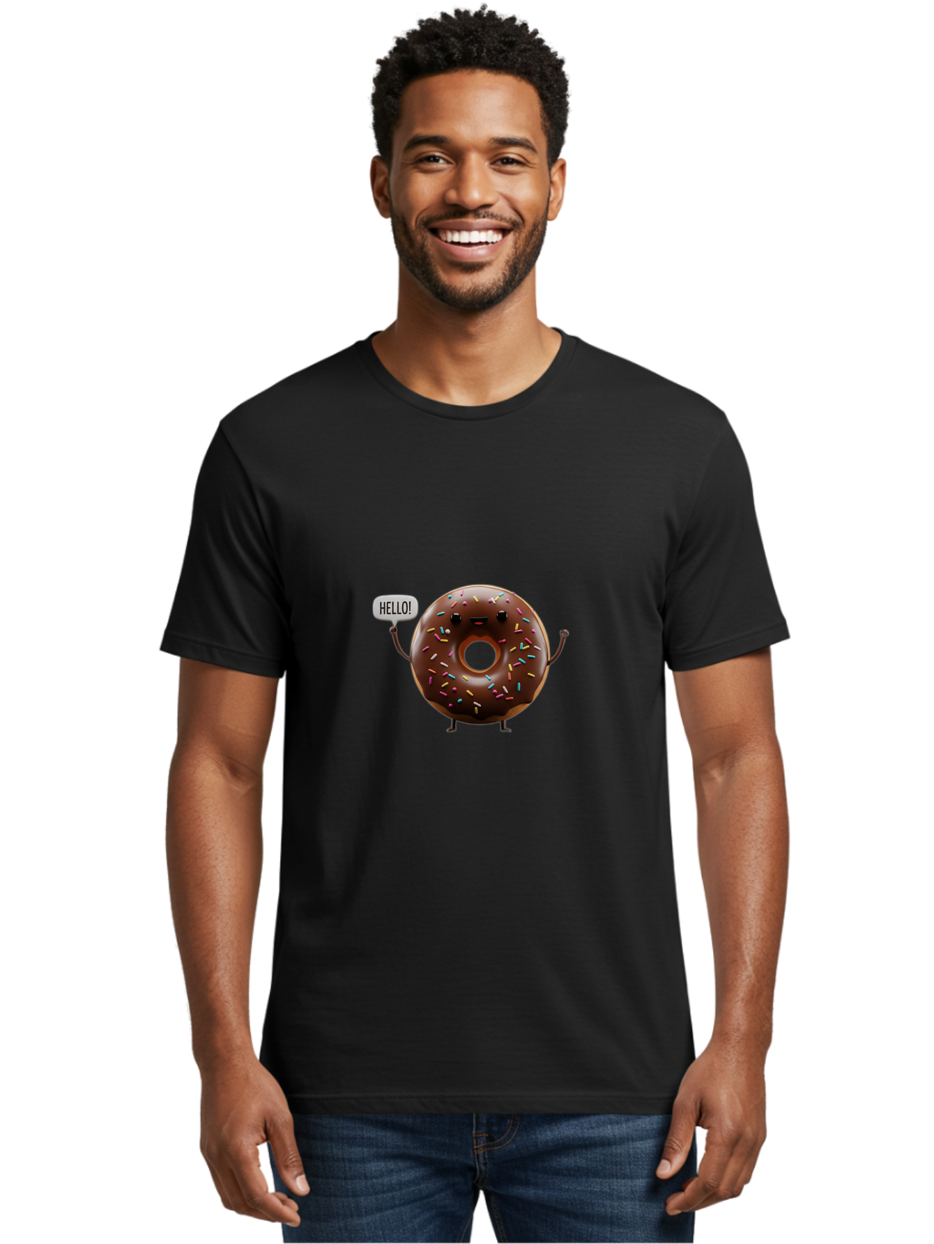Hello-Donut Men'S Graphic Tee, 100% Cotton, Comfortable Casual Summer Wear, Machine Washable, Chocolate Donut With Sprinkles, Donut Character, Hello Greeting, Sweet Treat, Cartoon Donut, Playful Design, Colorful Sprinkles, Baa795