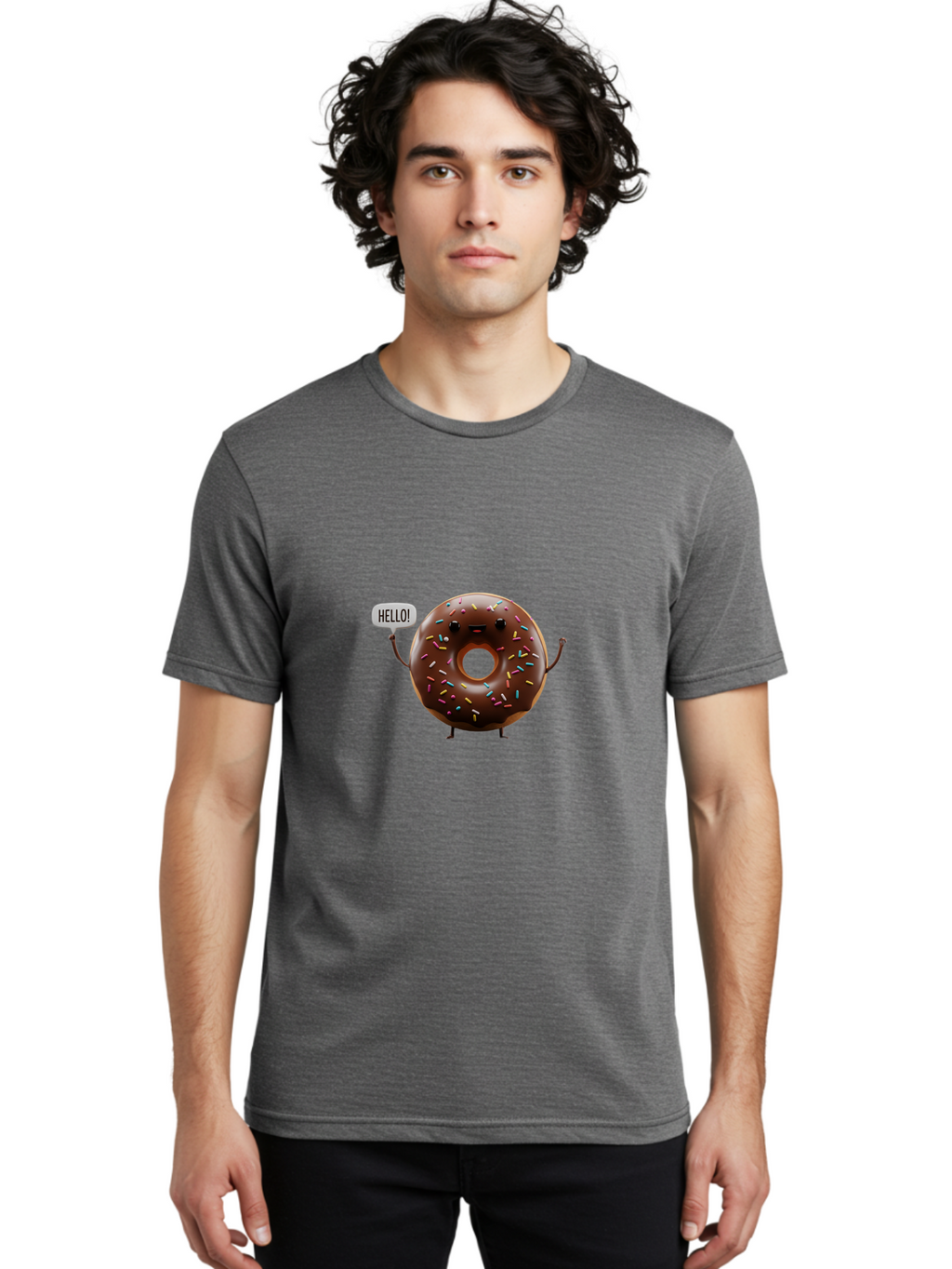 Hello-Donut Men'S Graphic Tee, 100% Cotton, Comfortable Casual Summer Wear, Machine Washable, Chocolate Donut With Sprinkles, Donut Character, Hello Greeting, Sweet Treat, Cartoon Donut, Playful Design, Colorful Sprinkles, Baa795