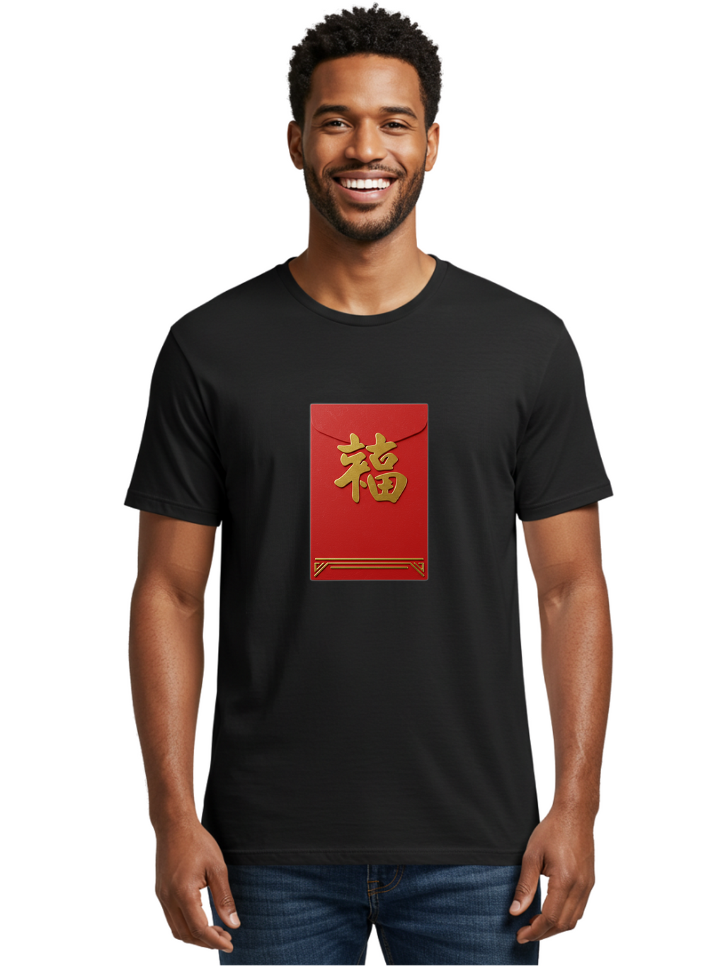 Hong-Fu Men'S Graphic Tee, 100% Cotton, Comfortable Casual Summer Wear, Machine Washable, Red Envelope, Gold Chinese Characters, Prosperity Symbol, Good Fortune, Traditional Gift, Cultural Significance, Lucky Money, Festive Occasion, Hong Fu Baa796