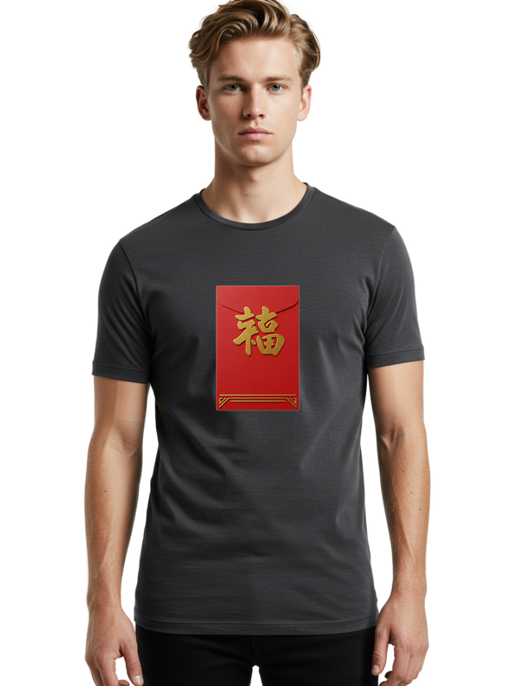 Hong-Fu Men'S Graphic Tee, 100% Cotton, Comfortable Casual Summer Wear, Machine Washable, Red Envelope, Gold Chinese Characters, Prosperity Symbol, Good Fortune, Traditional Gift, Cultural Significance, Lucky Money, Festive Occasion, Hong Fu Baa796
