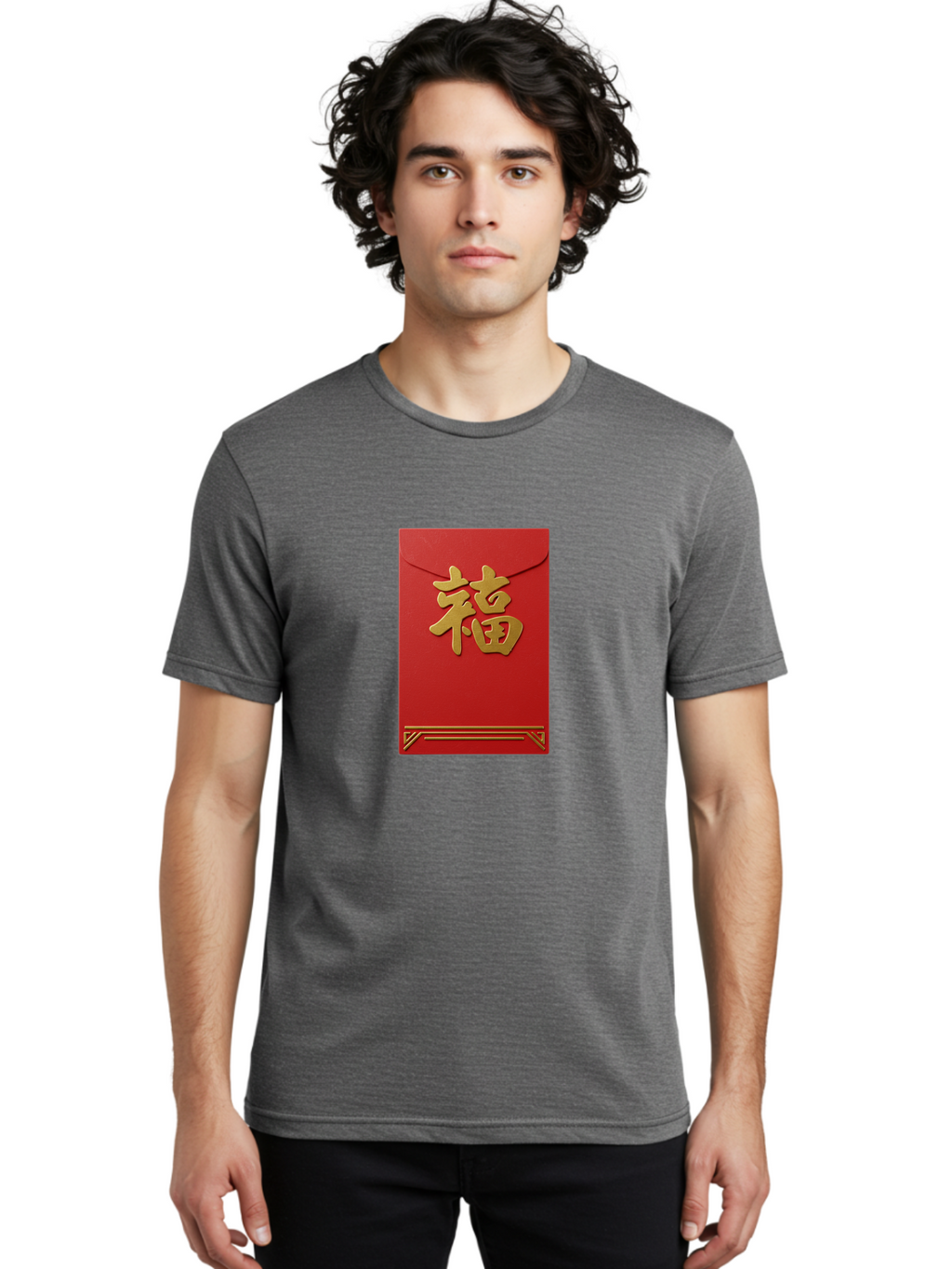 Hong-Fu Men'S Graphic Tee, 100% Cotton, Comfortable Casual Summer Wear, Machine Washable, Red Envelope, Gold Chinese Characters, Prosperity Symbol, Good Fortune, Traditional Gift, Cultural Significance, Lucky Money, Festive Occasion, Hong Fu Baa796