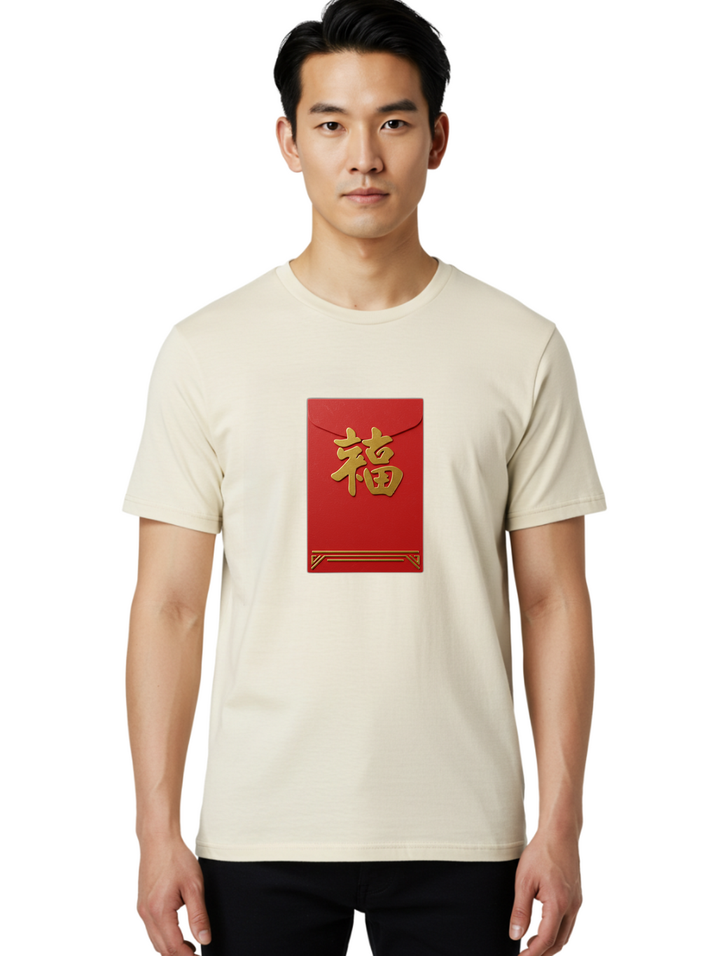 Hong-Fu Men'S Graphic Tee, 100% Cotton, Comfortable Casual Summer Wear, Machine Washable, Red Envelope, Gold Chinese Characters, Prosperity Symbol, Good Fortune, Traditional Gift, Cultural Significance, Lucky Money, Festive Occasion, Hong Fu Baa796