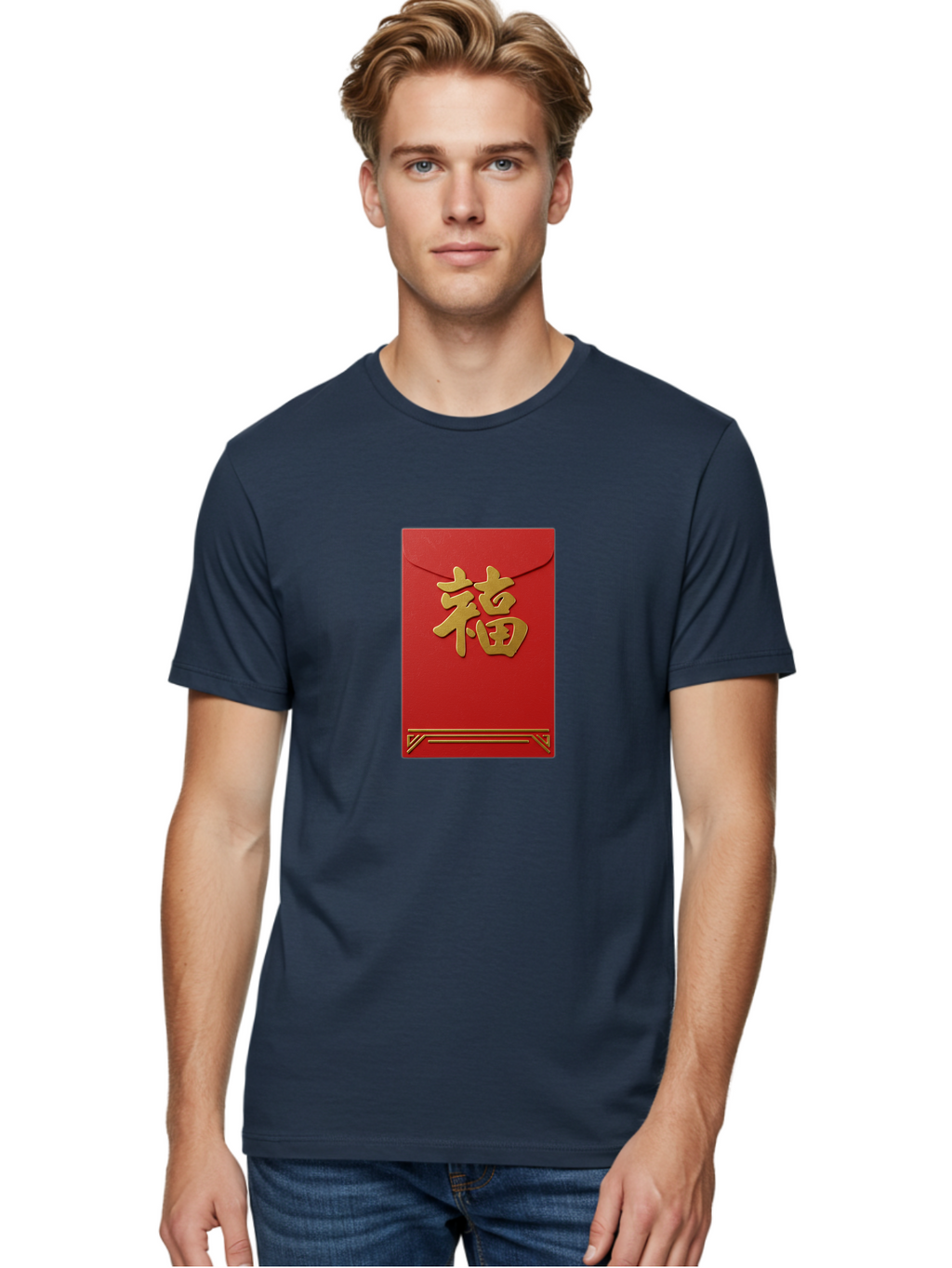 Hong-Fu Men'S Graphic Tee, 100% Cotton, Comfortable Casual Summer Wear, Machine Washable, Red Envelope, Gold Chinese Characters, Prosperity Symbol, Good Fortune, Traditional Gift, Cultural Significance, Lucky Money, Festive Occasion, Hong Fu Baa796