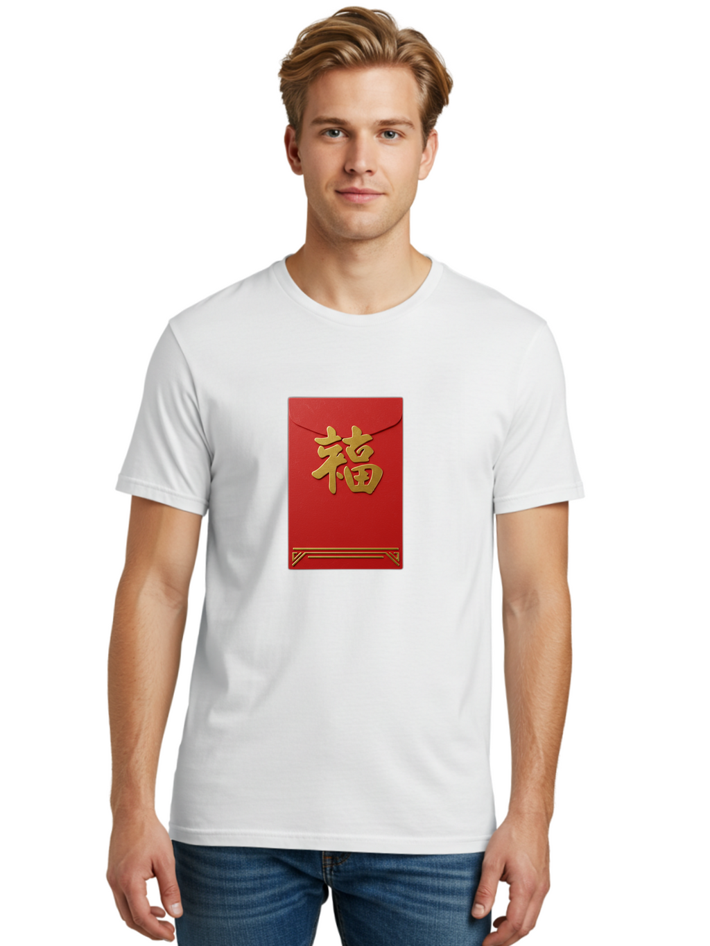 Hong-Fu Men'S Graphic Tee, 100% Cotton, Comfortable Casual Summer Wear, Machine Washable, Red Envelope, Gold Chinese Characters, Prosperity Symbol, Good Fortune, Traditional Gift, Cultural Significance, Lucky Money, Festive Occasion, Hong Fu Baa796