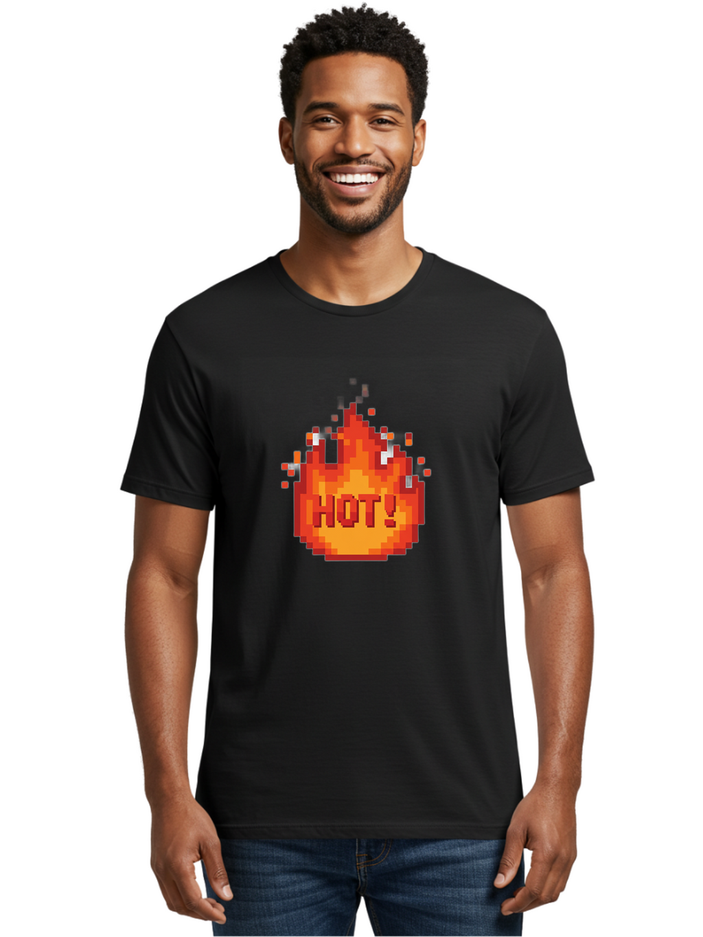 Hot-1 Men'S Graphic Tee, 100% Cotton, Comfortable Casual Summer Wear, Machine Washable, Blazing Fire, Hot Emoji, Burning Flames, Fiery Passion, Intense Heat, Vibrant Graphics, Pixel Art, Retro Style, Digital Graphics Baa797
