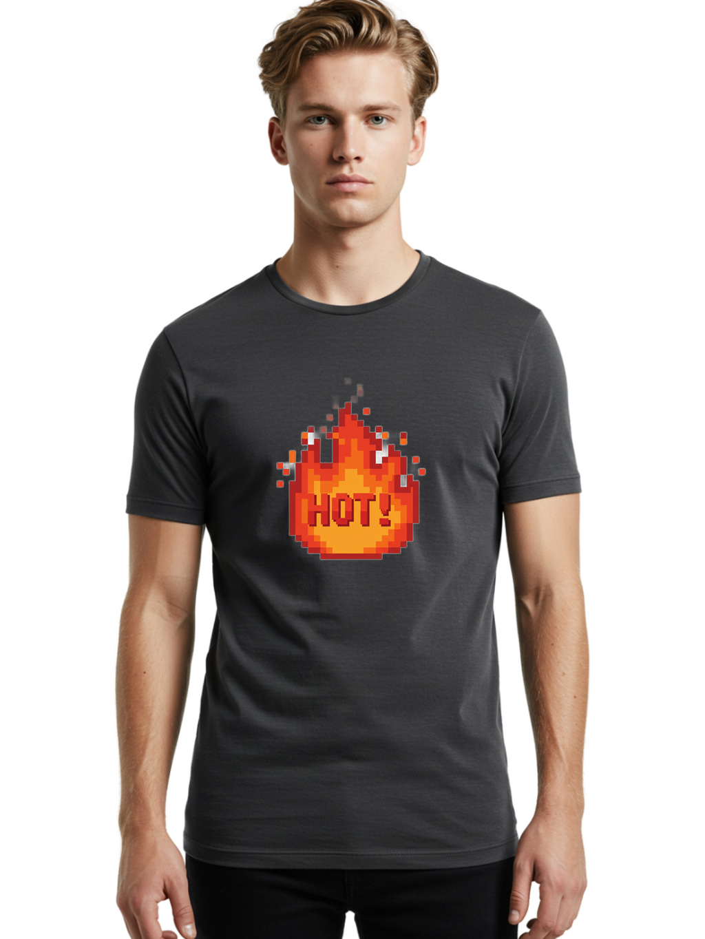Hot-1 Men'S Graphic Tee, 100% Cotton, Comfortable Casual Summer Wear, Machine Washable, Blazing Fire, Hot Emoji, Burning Flames, Fiery Passion, Intense Heat, Vibrant Graphics, Pixel Art, Retro Style, Digital Graphics Baa797