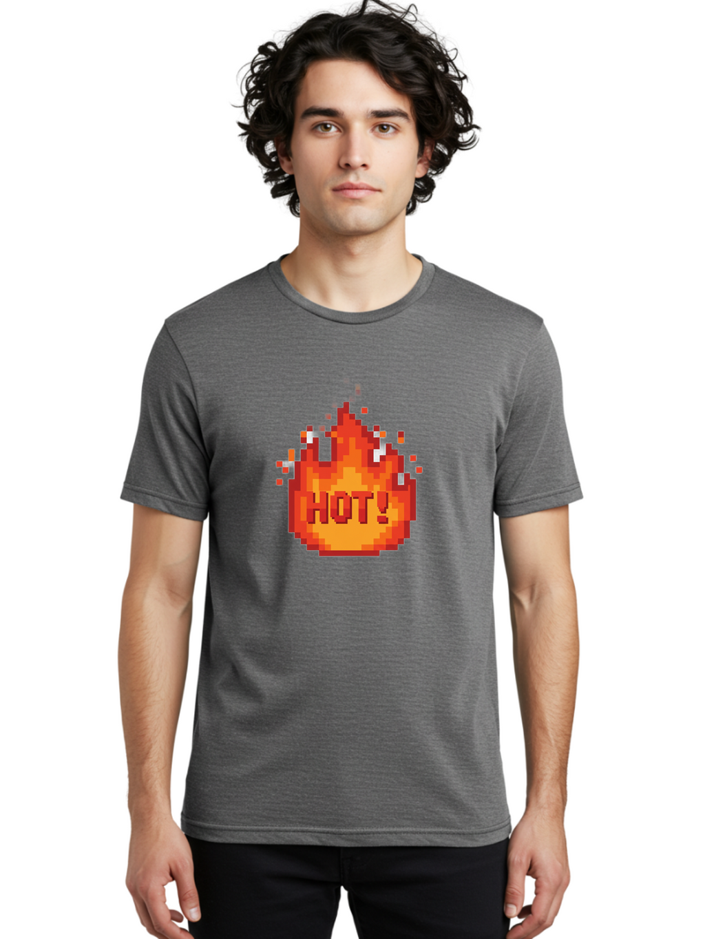 Hot-1 Men'S Graphic Tee, 100% Cotton, Comfortable Casual Summer Wear, Machine Washable, Blazing Fire, Hot Emoji, Burning Flames, Fiery Passion, Intense Heat, Vibrant Graphics, Pixel Art, Retro Style, Digital Graphics Baa797