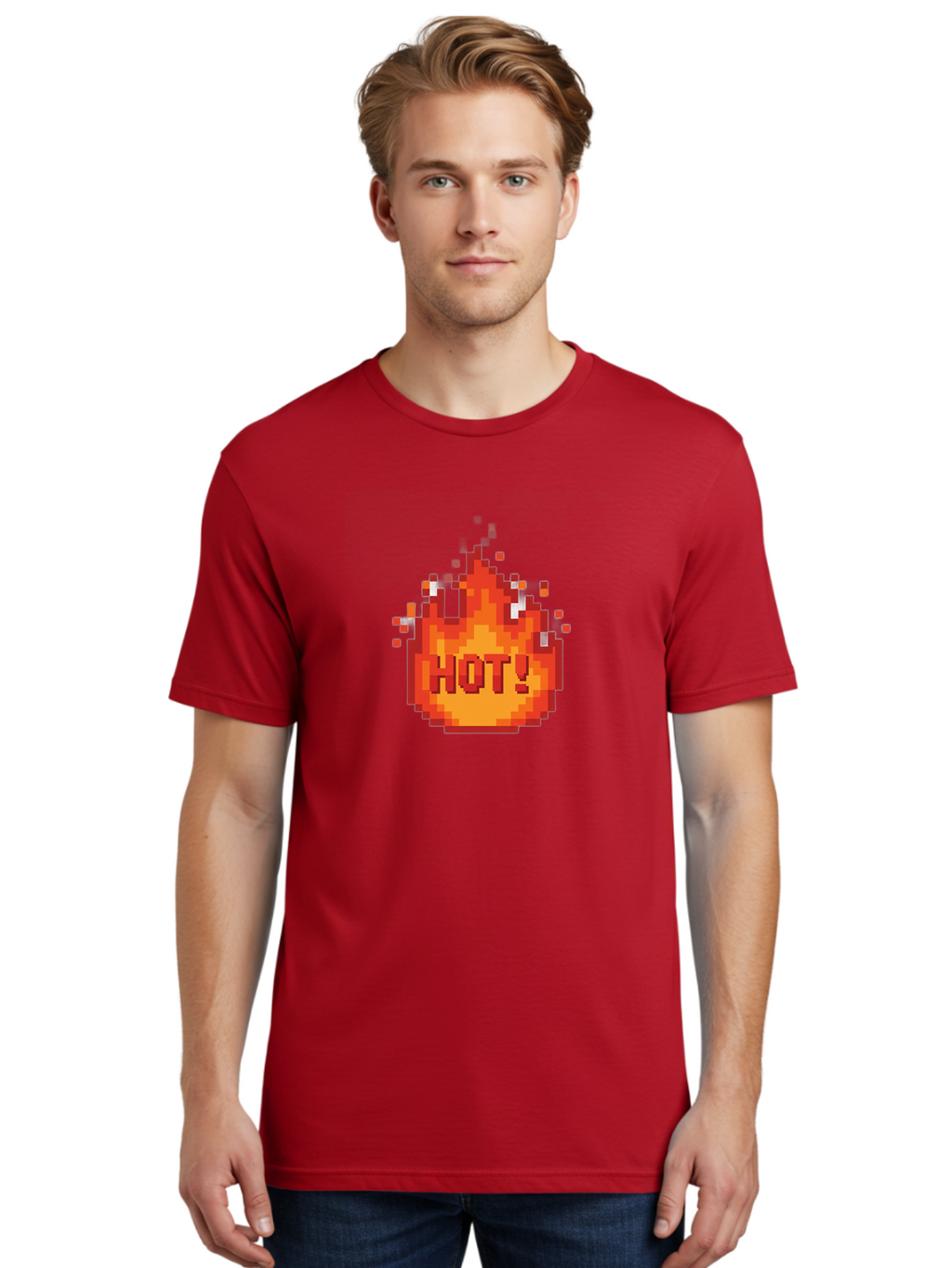 Hot-1 Men'S Graphic Tee, 100% Cotton, Comfortable Casual Summer Wear, Machine Washable, Blazing Fire, Hot Emoji, Burning Flames, Fiery Passion, Intense Heat, Vibrant Graphics, Pixel Art, Retro Style, Digital Graphics Baa797