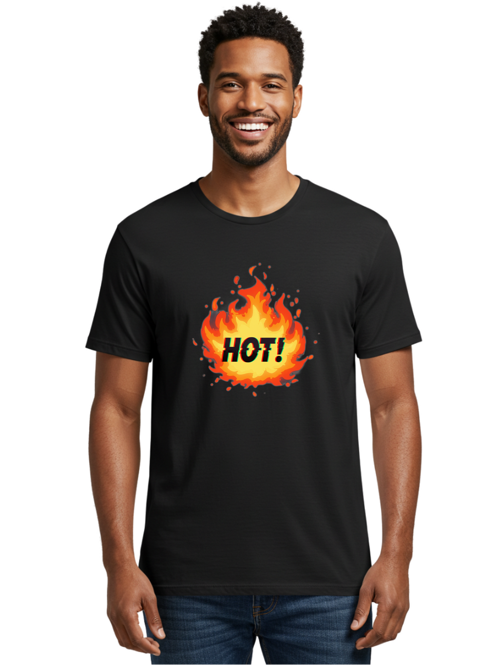 Hot-12 Men'S Graphic Tee, 100% Cotton, Comfortable Casual Summer Wear, Machine Washable, Yellow And Orange Flame, Fire Graphic, Hot Text, Bold Font, Intense Heat, Fiery Illustration, Dramatic Design, Splattered Flames Baa800