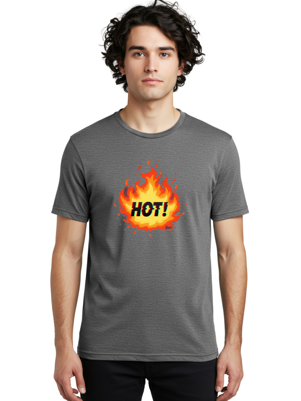 Hot-12 Men'S Graphic Tee, 100% Cotton, Comfortable Casual Summer Wear, Machine Washable, Yellow And Orange Flame, Fire Graphic, Hot Text, Bold Font, Intense Heat, Fiery Illustration, Dramatic Design, Splattered Flames Baa800