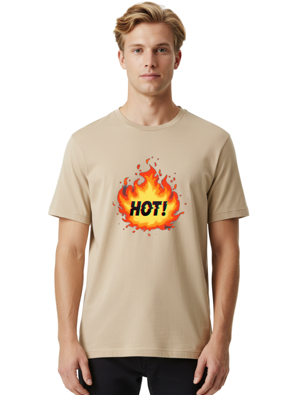 Hot-12 Men'S Graphic Tee, 100% Cotton, Comfortable Casual Summer Wear, Machine Washable, Yellow And Orange Flame, Fire Graphic, Hot Text, Bold Font, Intense Heat, Fiery Illustration, Dramatic Design, Splattered Flames Baa800