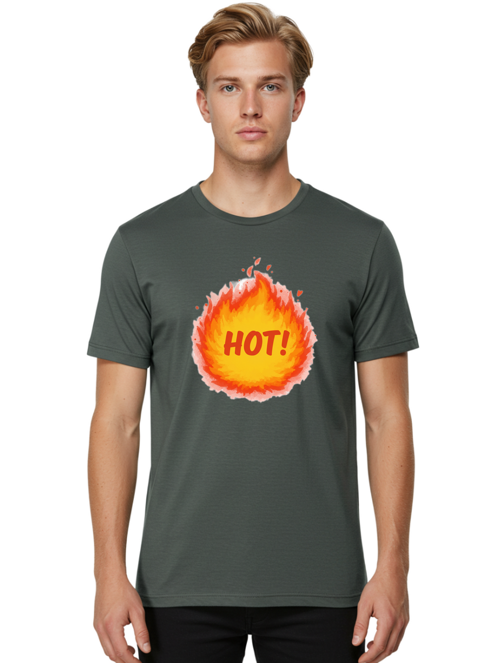 Hot-5 Men'S Graphic Tee, 100% Cotton, Comfortable Casual Summer Wear, Machine Washable, Fireball Graphic, Burning Flames, Hot Trending Topic, Fiery Passion, Intense Heat, Bold Red Letters, Vibrant Colors, Energetic Vibe, Baa804
