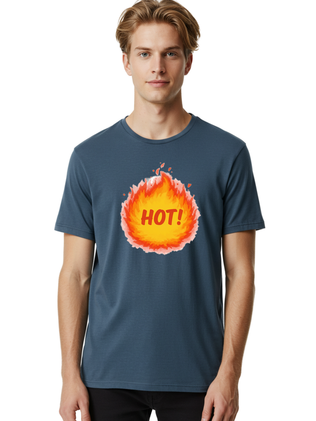 Hot-5 Men'S Graphic Tee, 100% Cotton, Comfortable Casual Summer Wear, Machine Washable, Fireball Graphic, Burning Flames, Hot Trending Topic, Fiery Passion, Intense Heat, Bold Red Letters, Vibrant Colors, Energetic Vibe, Baa804