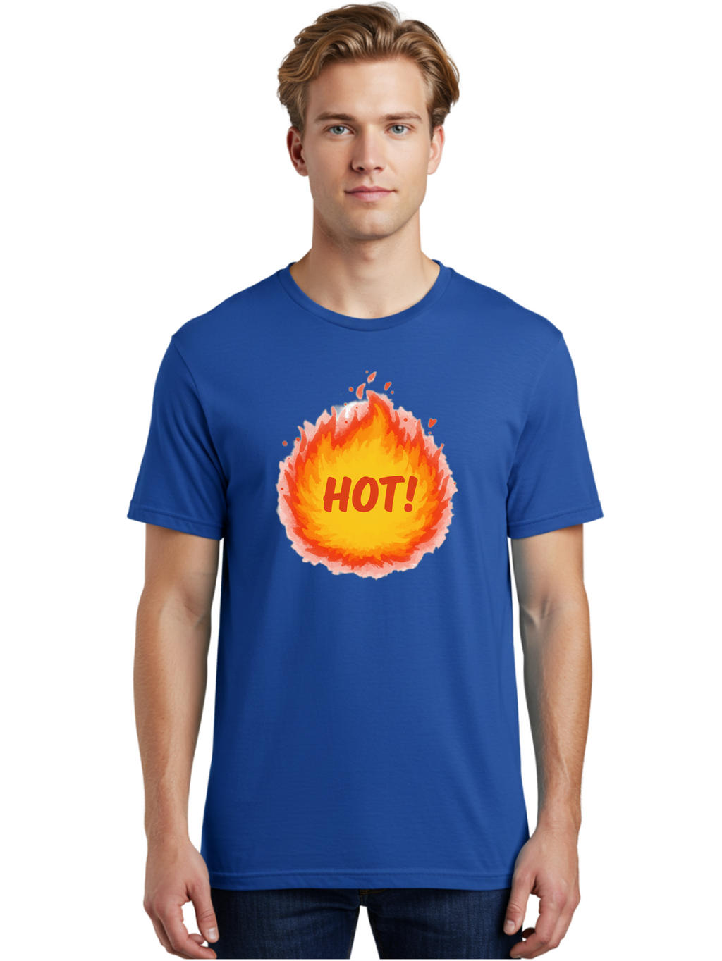 Hot-5 Men'S Graphic Tee, 100% Cotton, Comfortable Casual Summer Wear, Machine Washable, Fireball Graphic, Burning Flames, Hot Trending Topic, Fiery Passion, Intense Heat, Bold Red Letters, Vibrant Colors, Energetic Vibe, Baa804