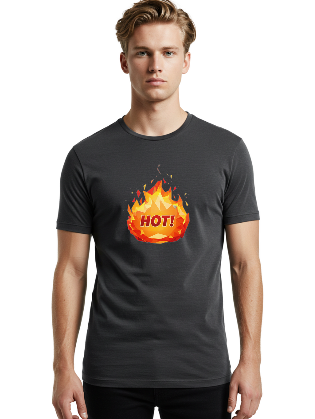 Hot-6 Men'S Graphic Tee, 100% Cotton, Comfortable Casual Summer Wear, Machine Washable, Hot Badge, Fiery Emblem, Orange Flames, Bold Text, Hot!, Burning Effect, Vibrant Graphics, Attention-Grabbing Design, Fiery Graphics, Explosive Badge Baa805
