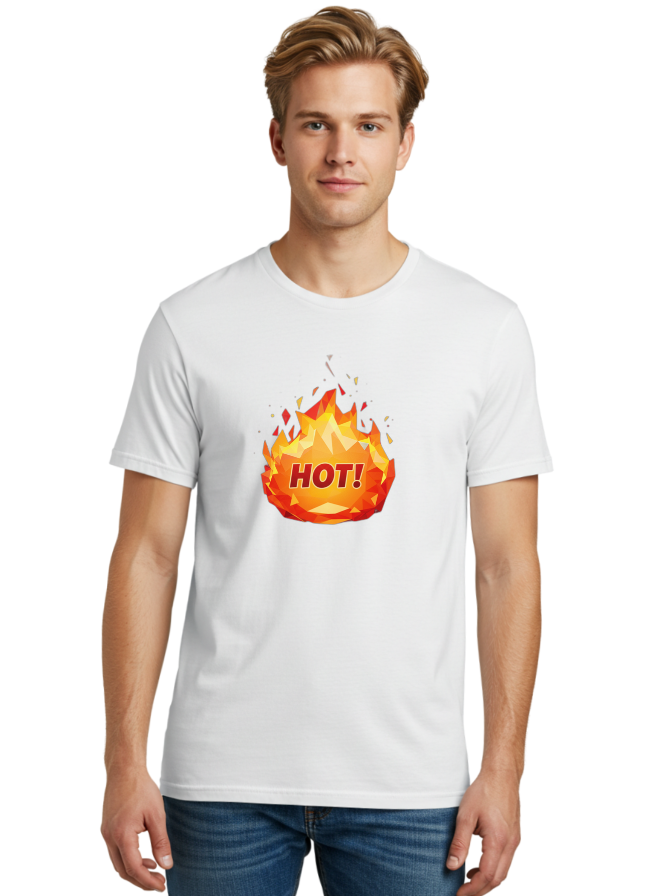 Hot-6 Men'S Graphic Tee, 100% Cotton, Comfortable Casual Summer Wear, Machine Washable, Hot Badge, Fiery Emblem, Orange Flames, Bold Text, Hot!, Burning Effect, Vibrant Graphics, Attention-Grabbing Design, Fiery Graphics, Explosive Badge Baa805